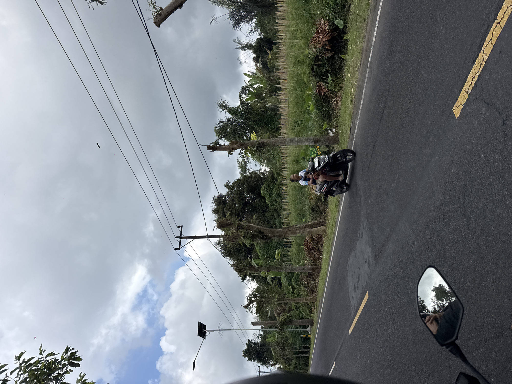 In the city of Bangli, Indonesia, a person is riding a scooter on a paved road. The scooter is black and white, and the person is wearing a blue shirt and shorts. The road is lined with trees and vegetation. The sky is cloudy, and there are power lines overhead. A solar-powered street light is visible on the left side of the road. The scene appears to be rural or suburban, with lush greenery and agricultural fields in the background. The overall mood is serene and peaceful, with a touch of everyday life captured in motion.