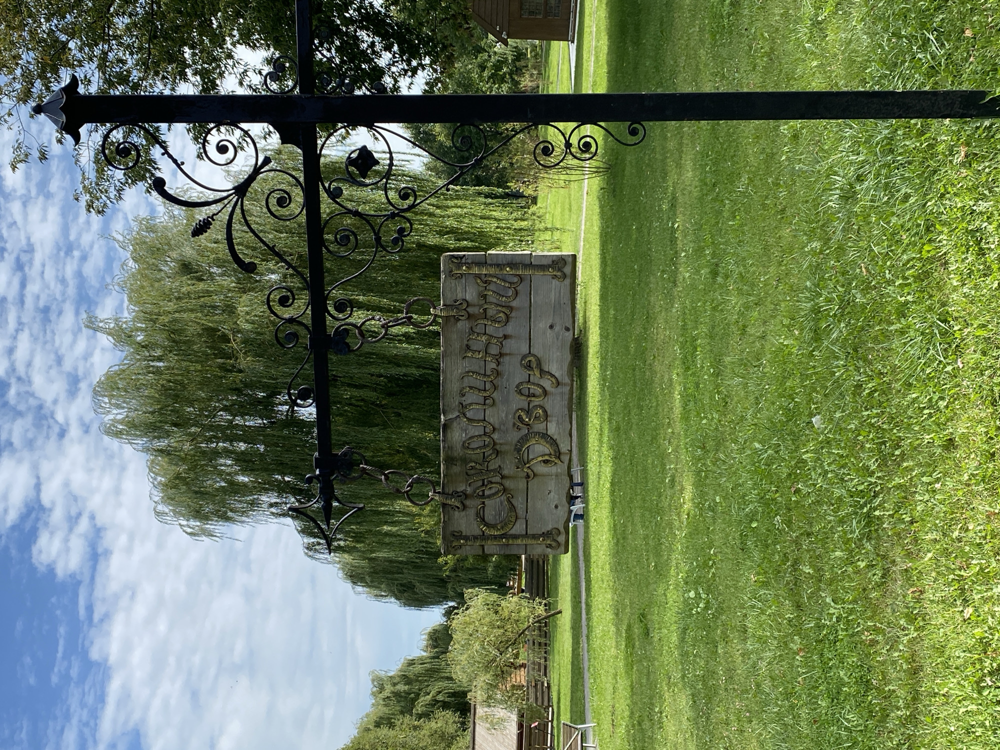 The image depicts a wooden sign hanging from chains on a black metal post. The sign, made of weathered wood planks, has ornate metal lettering that appears to be in Cyrillic. Behind the sign, a large weeping willow tree dominates the background, its branches cascading downwards. The scene is set in a park-like environment with a manicured green lawn in the foreground. In the distance, there are rustic wooden buildings and fences, suggesting a historical or rural setting. The sky is blue with scattered white clouds. The image does not provide specific information to identify the location in Moscow, Russia. There are no people visibly interacting with the sign or engaging in any activity in the frame.