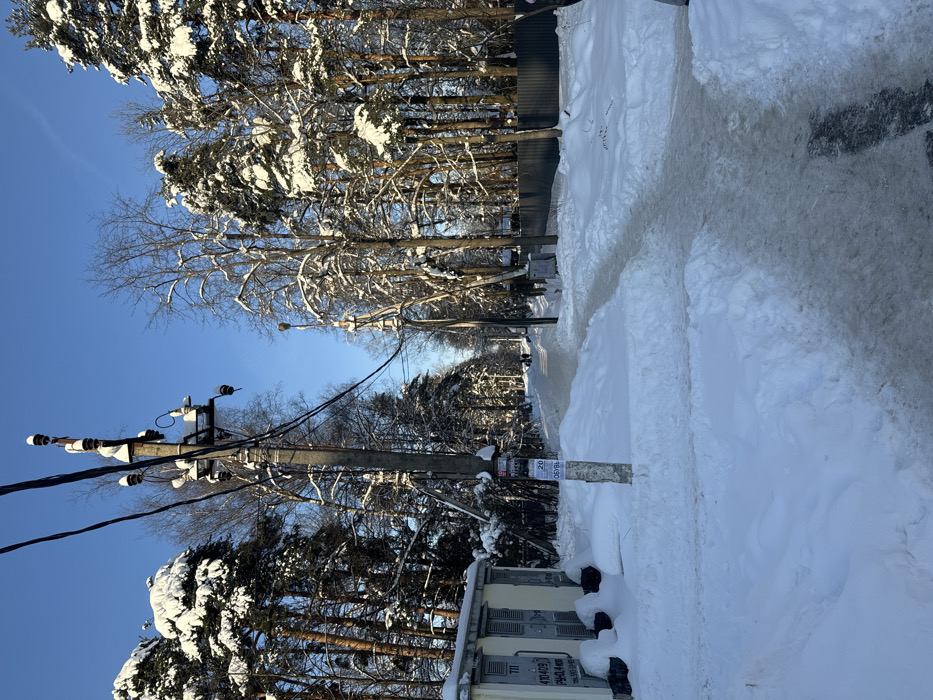 The image depicts a snow-covered winter street scene in Дубки, Russia, under a clear blue sky. In the foreground, a concrete utility pole is positioned centrally, fitted with insulators, overhead electrical lines, and a transformer unit, all partially covered in snow. Advertisements, including one with "ОБУВЬ" (shoes) and "20" in Cyrillic, are affixed to the lower section of this pole. To the immediate left, a light-colored electrical cabinet, marked with "ТП" and "410409," is partially obscured by deep snowdrifts.
A pedestrian path, cleared of heavier snow and exhibiting compacted or icy surfaces, extends from the foreground into the distance, diverging to the right from the broader, snow-covered road. Deep snowbanks border this cleared path. In the midground along this path, two indistinct human figures are observed walking away from the viewer. The thoroughfare is flanked by numerous trees; dense snow-laden coniferous trees are prominent on the left, while a mix of snow-covered evergreens and bare deciduous trees line the right. A dark, possibly metal, fence borders the right side of the scene in the midground. The environment is brightly illuminated by direct sunlight, casting visible shadows.