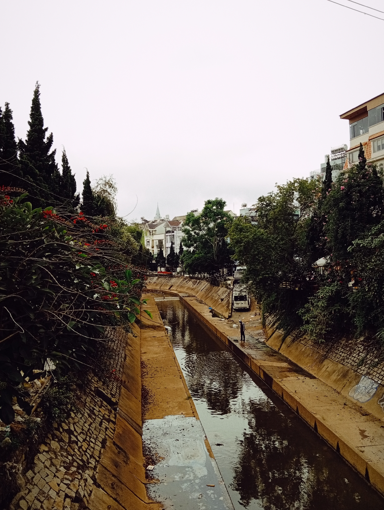 This image depicts a scene along a concrete canal in Da Lat, Vietnam. On the left side of the canal, dense foliage with red berries and dark green leaves lines the stone-faced embankment. To the right of the canal, a paved walkway runs alongside the concrete structure. A single individual, seen from behind and dressed in dark clothing, is engaged in sweeping the walkway with a broom. Further down the walkway, a white bus is parked. Beyond the walkway and trees on the right, buildings with multiple stories are visible, including one with an orange-tiled roof. The sky is overcast. The canal itself is filled with dark, reflective water, mirroring the surrounding trees and buildings.