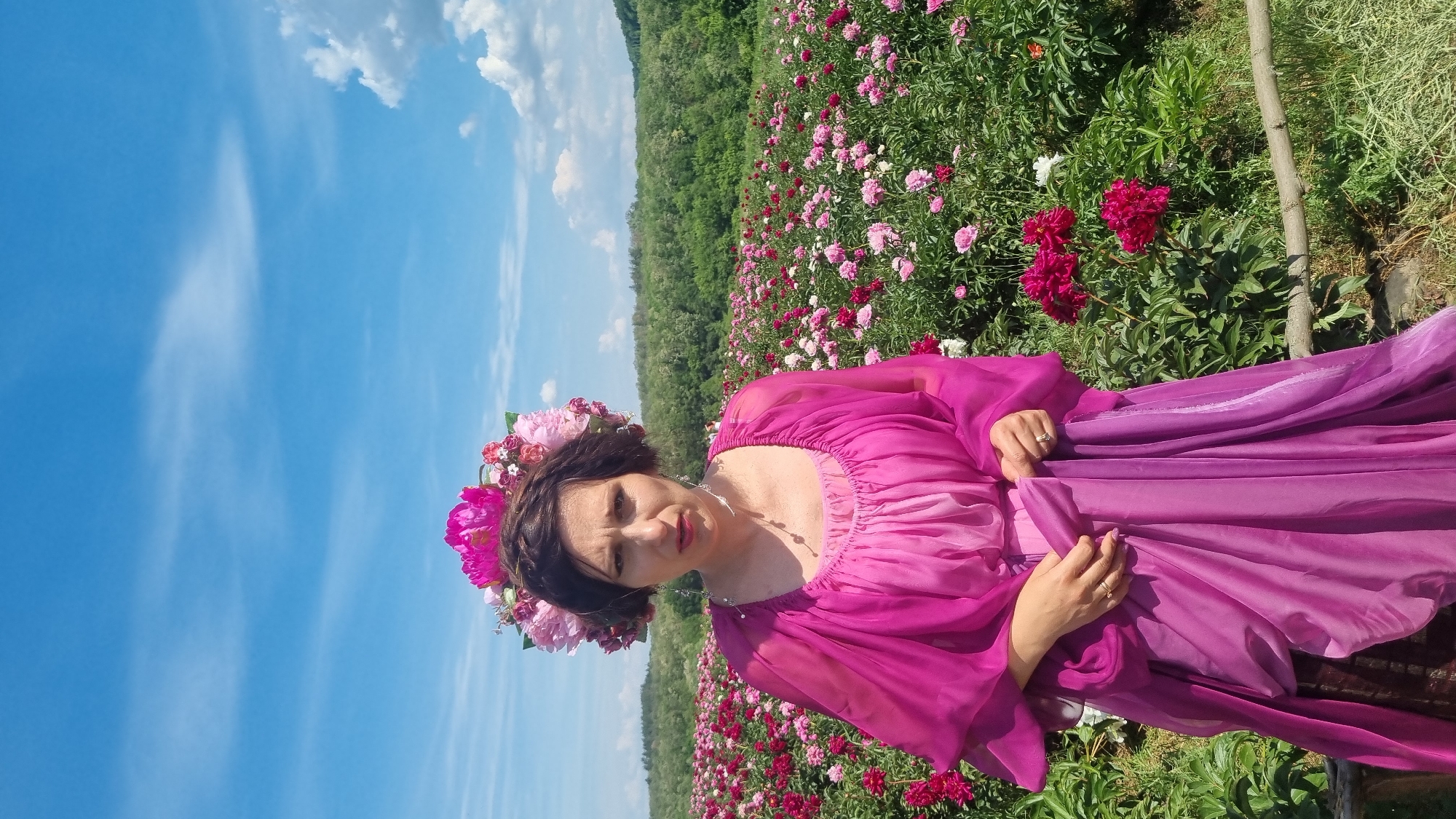 The image depicts an adult female positioned centrally in a vast peony field located in Melnyky, Ukraine. She has dark brown, chin-length hair and a solemn expression, with furrowed brows and slightly parted lips. Her gaze is directed straight at the camera. She wears a large, elaborate floral crown composed primarily of vibrant pink peonies, interspersed with smaller red and white blossoms and green foliage. Her attire consists of a flowing, layered gown in shades of magenta and purple, featuring sheer, billowy sleeves. Her hands are loosely clasped in front, holding fabric folds of the dress. She wears long, silver dangling earrings, a delicate silver necklace, and rings on both ring fingers. The foreground and midground are filled with blooming peonies in various shades of pink, fuchsia, and deep red. A rustic wooden fence, constructed from rough, light brown branches, spans horizontally across the lower portion of the frame, positioned behind the subject. Beyond the flower field, a dense line of green deciduous trees forms the horizon. The sky is clear blue with scattered white cumulus clouds, indicating bright daylight.