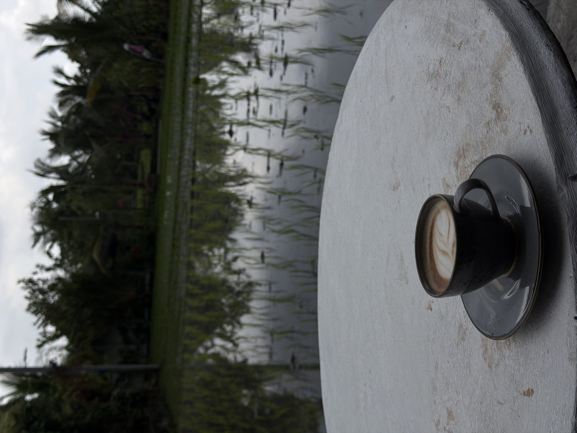 A cup of coffee with latte art sits on a circular, textured, light-colored table in the foreground. Behind the table, a reflective body of water, likely a flooded rice paddy, mirrors the surrounding greenery and a cloudy sky. Lush tropical foliage, including palm trees, is visible beyond the water. In the distance, a small, traditional structure with a thatched roof can be seen. The overall scene suggests a peaceful, natural setting in or near Mengwi, Indonesia. There are no people visible in the image.
