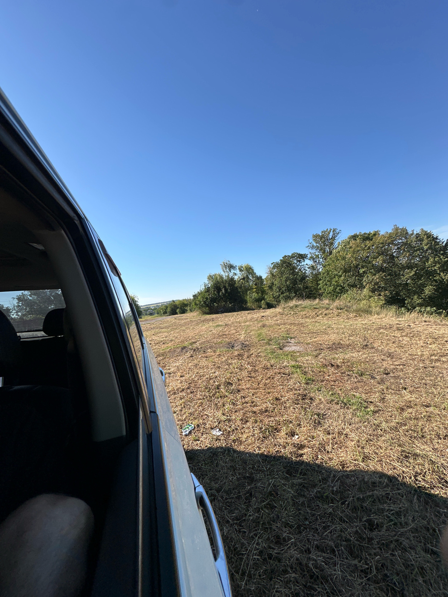 A side view from inside a vehicle shows a dry, grassy field under a clear blue sky. The left side of the image is dominated by the interior of the car, with a dark seat and a person's leg visible. The exterior of the car is light blue and reflects the surrounding environment. The field is largely covered in dry, brown grass, with patches of green visible. Several trees and bushes line the horizon in the background, suggesting a rural or park-like setting. There are some discarded items, possibly trash, scattered on the grass in the middle ground. The overall impression is of a sunny day in a natural, undeveloped area.