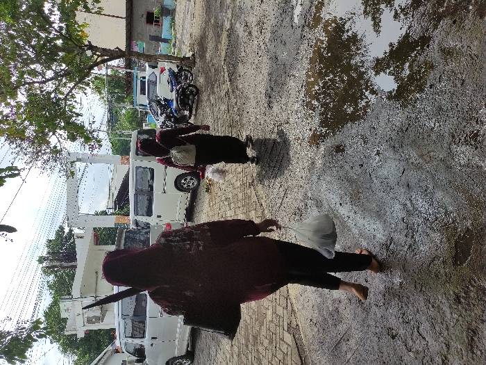 This media file captures an outdoor street scene in Kecamatan Asembagus, Indonesia, during the daytime. The image is taken from a slightly elevated perspective, looking down a street.
Two individuals are the primary subjects, seen walking away from the camera. The person in the foreground, on the left, wears a dark, long-sleeved top and dark pants, appearing to be barefoot. They are carrying a white plastic bag in their right hand. Further down the street, a second person, also wearing dark clothing and a light head covering (possibly a hijab), walks in the same direction.
The ground surface is a mixture of paving stones and uneven, wet earth with numerous puddles. These puddles reflect the bright sky and overhead trees, suggesting recent rainfall.
In the background, several white vans or minibusses are parked along the street. Behind them, parts of buildings are visible, including a white, columned structure. Parked motorbikes can also be seen further down the street, nestled between vehicles and buildings. A tree with green foliage is prominent on the left side of the frame, providing shade. The overall setting is an urban or semi-urban environment with traffic and pedestrian activity. No visible text is discernible in the image.