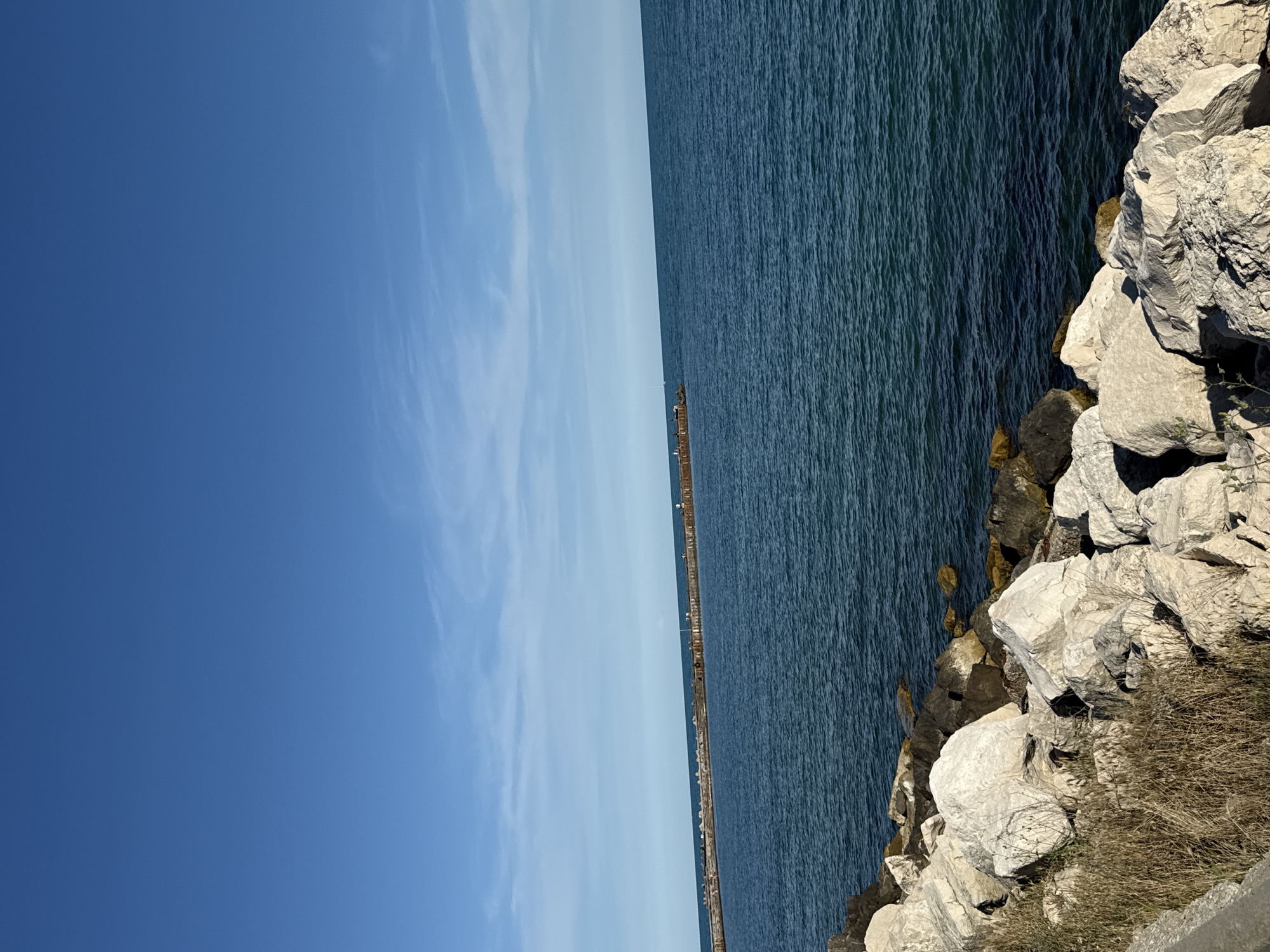 The image shows a view of the Black Sea from the shore near the Varna Sea Garden in Varna, Bulgaria. In the foreground, there are large, light-colored rocks and dry grass. The sea is a deep blue color with small waves. In the distance, a long pier or breakwater extends out into the sea. There are several people visible on the pier, some standing and some appearing to be fishing. The sky is clear and blue with a few wispy clouds. The overall scene depicts a sunny day at the coast.