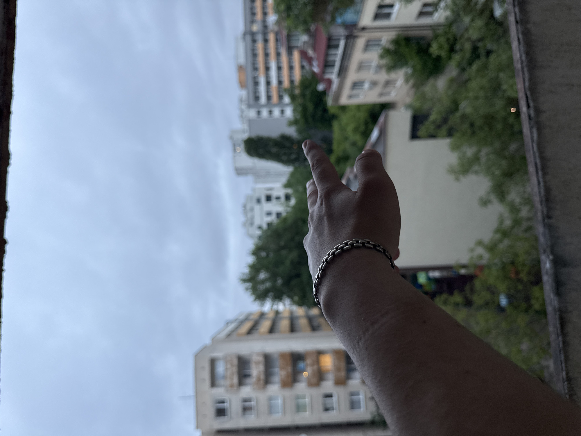 A low-angle, tilted perspective shows an arm and hand pointing upwards against a backdrop of buildings in Sofia, Bulgaria. The arm, adorned with a silver bracelet, extends from the bottom right corner towards the upper center of the frame. The index finger of the hand is extended, pointing towards the sky, with the other fingers curled inwards. The buildings in the background are a mix of residential and commercial structures, varying in height and architectural style. Trees are interspersed among the buildings, adding patches of green to the urban landscape. The sky is overcast with a layer of gray clouds, contributing to the diffused lighting of the scene. The view is framed by a weathered window or balcony edge, visible on the left and bottom right of the image.