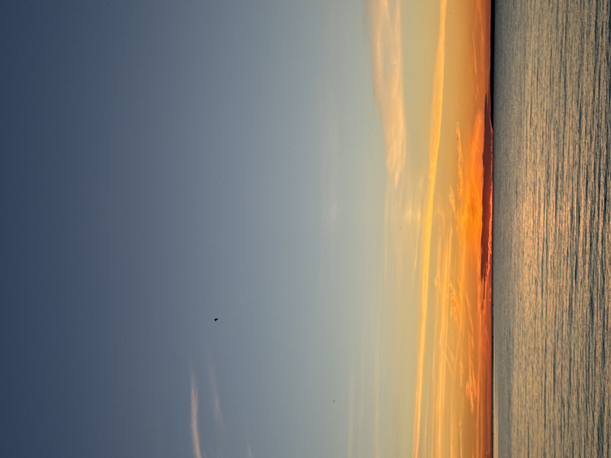 The image depicts a serene sunset over a body of water. The sky transitions from a clear, pale blue at the top to vibrant orange and yellow hues near the horizon. Wispy clouds are scattered across the sky, catching the warm light of the setting sun. The water reflects the colors of the sky, creating a shimmering, textured surface. The horizon line is sharp, separating the sky from the water, with a faint, dark landmass visible in the distance. A single bird is silhouetted against the sky in the upper left quadrant of the image. Another faint speck, possibly another bird, is visible lower down and to the left. The overall scene is tranquil and atmospheric.
While the image captures a beautiful sunset over water, it does not contain any specific visual cues that would allow for a precise identification of the location within the city of Tallinn, Estonia. The scene is generic enough to be found along many coastlines.