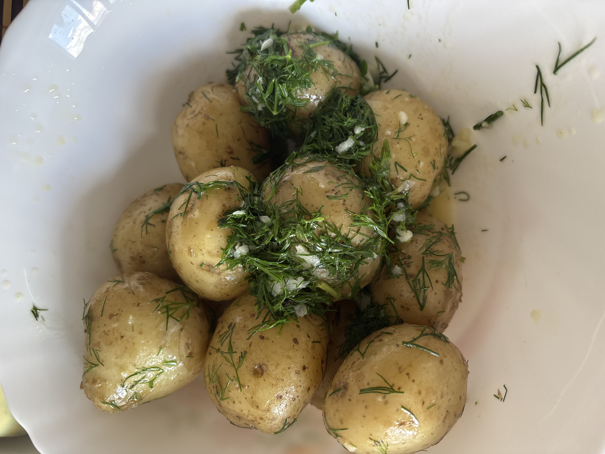 This media file is a close-up, overhead shot of a white bowl filled with cooked new potatoes. The potatoes are small, round, and have a light yellow skin with some brown speckling. They are glistening with a light oil or butter, and are generously garnished with finely chopped fresh dill and what appears to be minced garlic.
The potatoes are piled loosely in the bowl, creating a natural, organic arrangement. The lighting suggests it's daytime, likely indoors with natural light from a window, as evidenced by the reflections on the white surface of the bowl. There are some stray pieces of dill and droplets of liquid scattered on the empty parts of the bowl, indicating the dish has been recently prepared or served. The overall impression is one of a simple, fresh, and appetizing dish, likely a side dish or a light meal.
The location context of Bila Tserkva, Ukraine, suggests a possible culinary preparation common in Eastern European cuisine, where potatoes and dill are staple ingredients. There is no visible text in the image. The emotion conveyed is one of simple, wholesome food, possibly evoking feelings of comfort and home cooking.