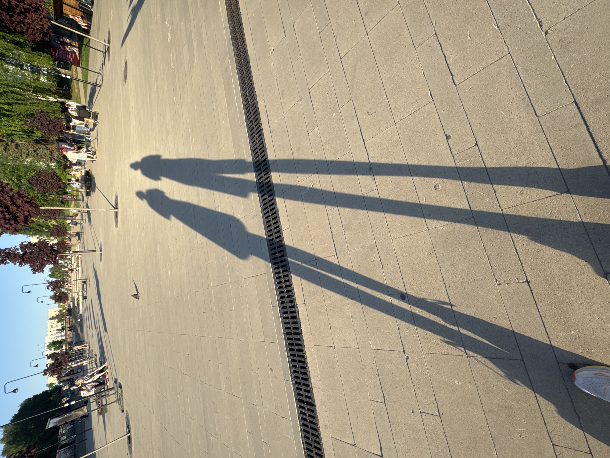 The image depicts a paved plaza in Izhevsk, Russia, bathed in sunlight, casting long shadows of two people onto the ground. A narrow drainage grate runs diagonally across the paving stones. In the background, there is a row of trees and streetlights along the edge of the plaza, with benches and people sitting. The sky is visible in the upper left corner. In the lower right corner, a shoe is slightly visible. There is a bird flying by, slightly visible in the distance.