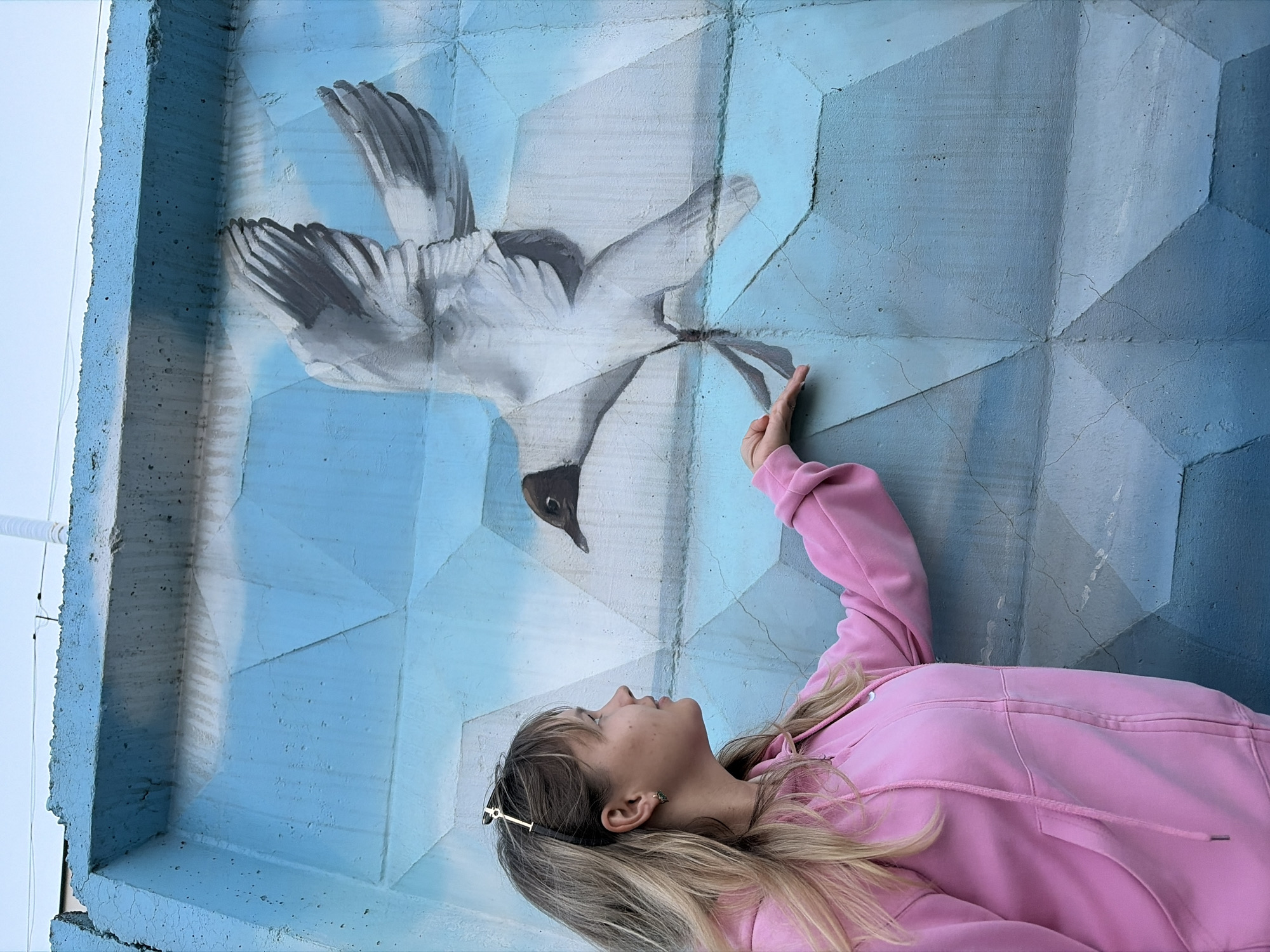 A young woman with blonde hair, wearing a pink hooded jacket and a silver headband, stands in front of a blue concrete wall painted with a mural of a seagull in flight. The mural covers the entire wall and depicts a sky background with clouds. The woman's left hand is extended, almost touching the painted seagull's outstretched foot. She is looking at the mural. The wall appears to be part of a structure in the city of Chaikovsky, Russia, possibly a fence or part of a building. The sky above is overcast. The concrete surface of the wall has a rough texture and some visible cracks.