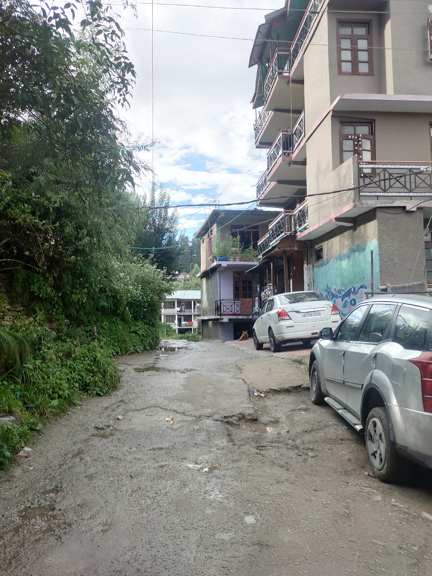 The image depicts a narrow, unpaved, and muddy street in Manali, India, flanked by lush green vegetation on the left and multi-story buildings on the right. The road surface is uneven and shows signs of disrepair, with several puddles of water reflecting the overcast sky.
On the right side of the street, a light-colored sedan with license plate "HP 33E 9200" is parked. In the foreground, partially visible, is the rear section of a silver SUV. Behind the sedan, a brown dog is lying down on the side of the road.
The buildings on the right have balconies with metal railings and wooden-framed windows. One building features a colorful mural on its facade. The overall atmosphere suggests a somewhat damp and less developed urban area within Manali. The presence of power lines overhead indicates that this is a residential or commercial area.