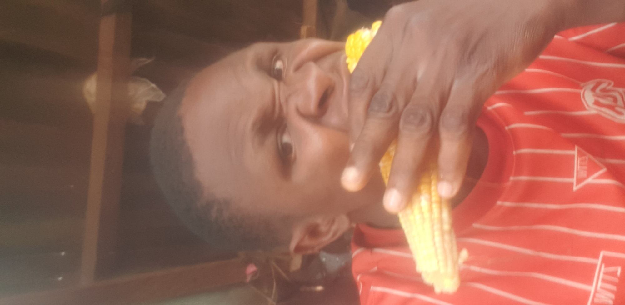 A person with dark skin and short dark hair is shown from the chest up, eating corn on the cob. They are wearing a red and white striped shirt with white lettering that includes "WITS". The person is holding the corn with their right hand and appears to be biting into it. Their facial expression is one of concentration or effort. The background is out of focus and appears to be an indoor or sheltered environment with wooden structures and possibly some debris. The lighting is dim. The image was taken in Yelwa, Nigeria.