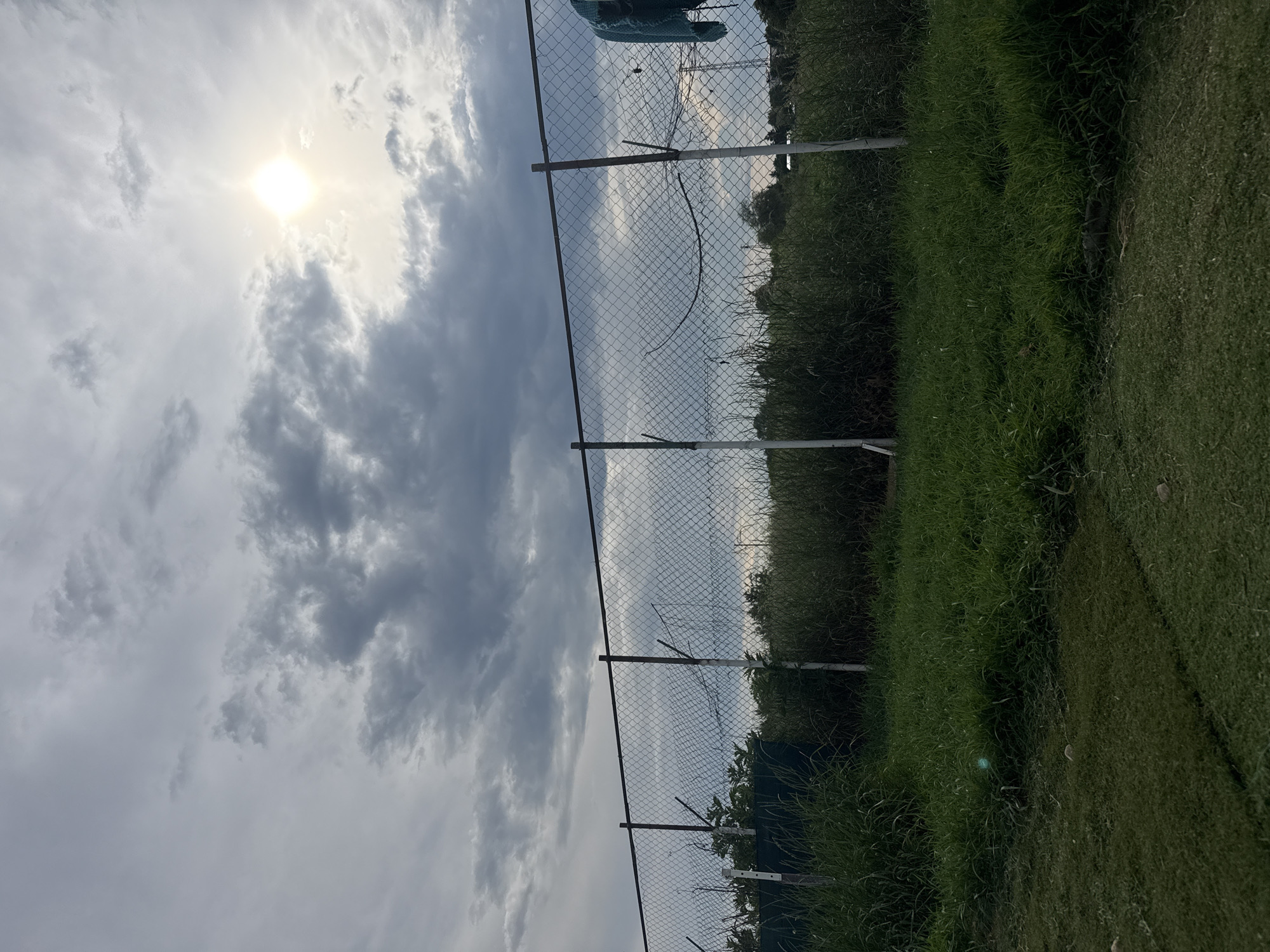 The image depicts an outdoor scene with a chain-link fence in the foreground, separating tall green grass and reeds from what appears to be an open field or park area beyond. The sky is overcast with dramatic clouds, but the sun is visible, emitting a bright glow through a gap in the clouds on the upper right side of the frame. A few fence posts, some with white paint at the base, support the wire mesh. In the distance, there are trees and some indistinct structures, possibly indicating a rural or suburban setting. The overall lighting suggests it might be late afternoon or early evening. No people or animals are visible in the image. The location, Kubratovo, Bulgaria, is not explicitly depicted in the visual elements of the photograph.