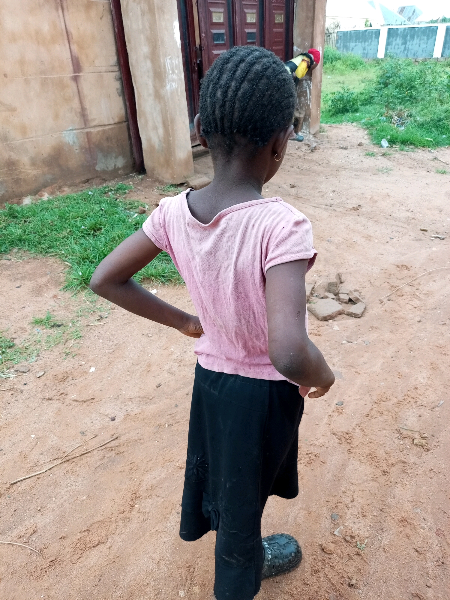 In Tempure, Nigeria, a young girl stands with her back to the camera, facing a dirt path and a building. She wears a pink t-shirt and a black skirt. Her hair is styled in tight braids, and she has a gold hoop earring in her left ear. Her left hand rests on her hip, while her right arm hangs by her side. Behind her, a portion of a building with a reddish-brown door is visible. To the right of the building, the ground is covered in sparse green grass and dry earth. Further in the background, another person can be seen wearing a red and yellow headdress. The ground is sandy and uneven, with scattered rocks and debris.
