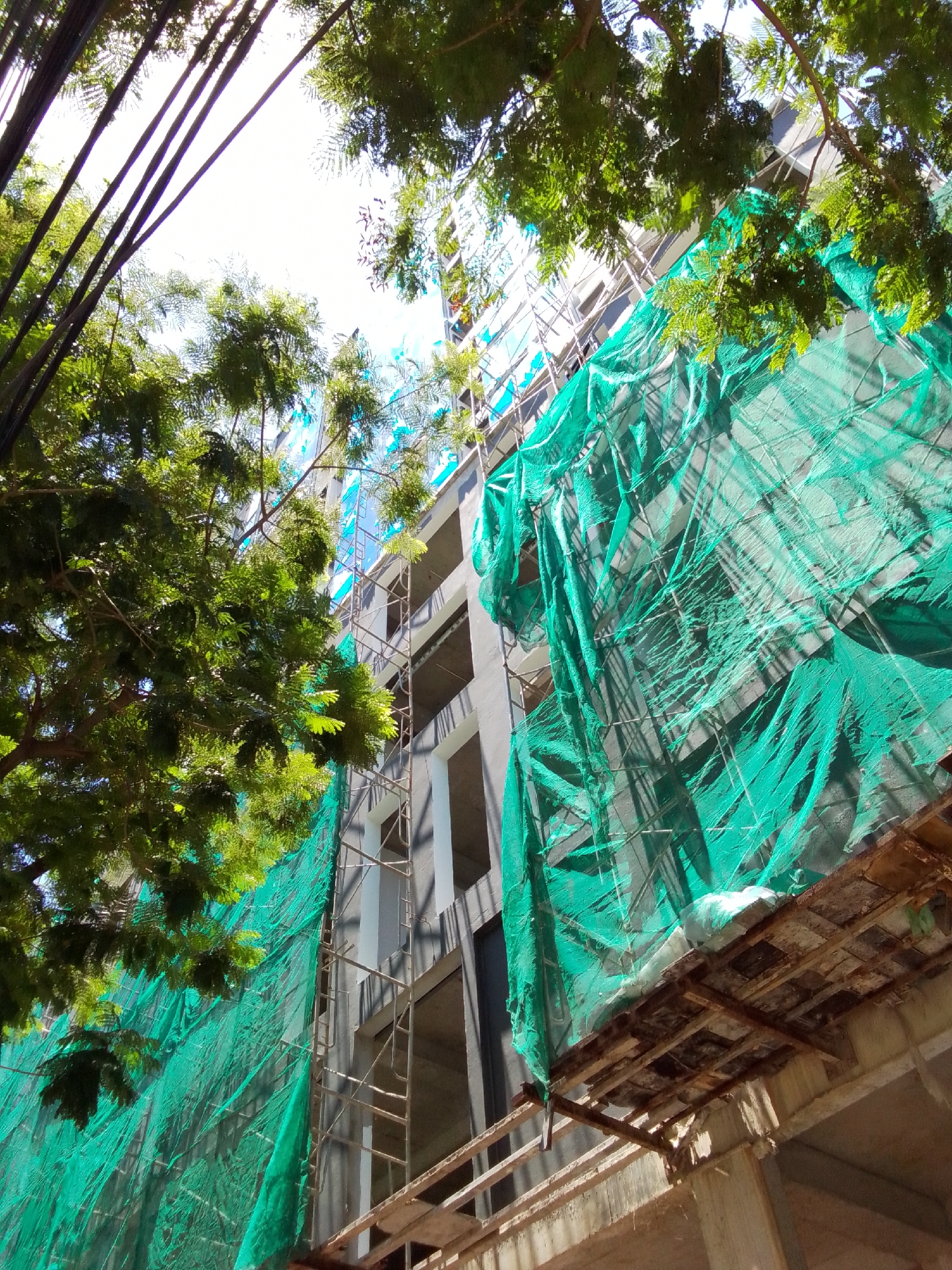 This image depicts a building under construction in the city of Da Nang, Vietnam. The structure is partially covered by bright green safety netting. Scaffolding is visible on the side of the building, indicating ongoing work. Lush green trees with dense foliage frame the top and left side of the scene, their branches reaching towards the sky and partially obscuring the building. The sky above is bright, suggesting it is daytime. The overall impression is one of urban development taking place amidst natural greenery.