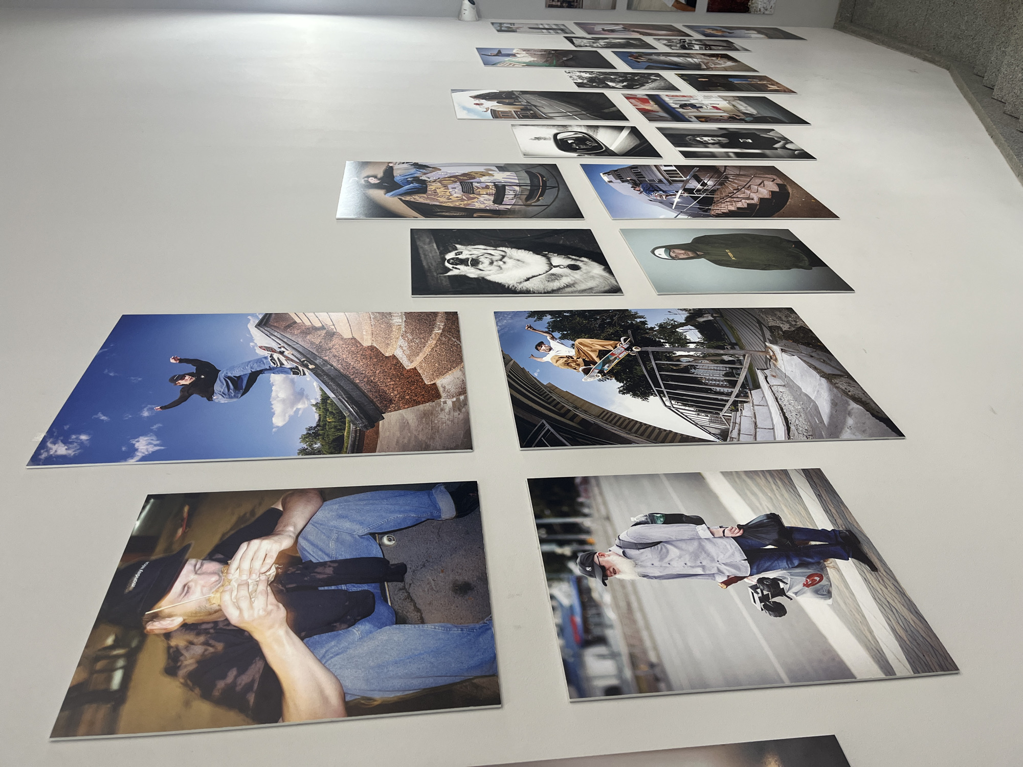 The image depicts a collection of photographs displayed on a white wall, likely in an art gallery or exhibition space. The photos are arranged in rows, diminishing in size and clarity with distance.
The photos themselves showcase a variety of subjects, including:
* A person in mid-air, seemingly performing a skateboarding trick against a blue sky and stone architecture.
* Another individual performing a skateboarding trick.
* A portrait of a wolf.
* A portrait of a person wearing an olive green jacket and a helmet.
* A man with blond hair is eating with his hands in one picture.
* A man with blond hair is walking across a street in one picture.
The photos are mounted on white boards. The wall itself is plain and serves as a backdrop. The lighting in the space appears to be bright and even. The image does not show any specific signs indicating that the location is in the city of Krasnoyarsk.