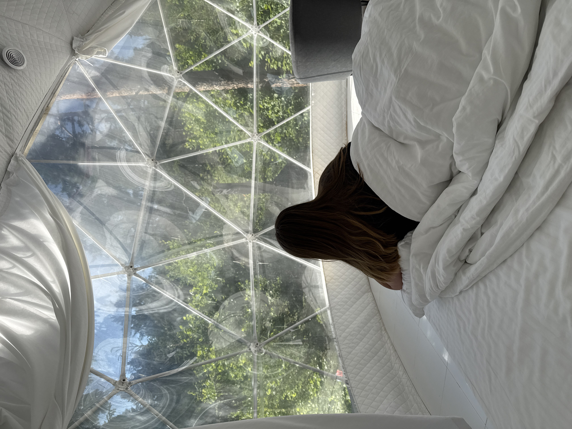 The image depicts the interior of a geodesic dome, likely a glamping accommodation in Nechkino, Russia. A person with long brown hair is lying on a bed covered with white bedding, facing away from the camera and looking out through the transparent dome. The dome's structure, composed of white geometric frames, is visible. Outside the dome, a lush green forest and blue sky are visible. The interior features white padded walls and a white floor. A dark grey armchair is partially visible in the background. The lighting suggests it is daytime.