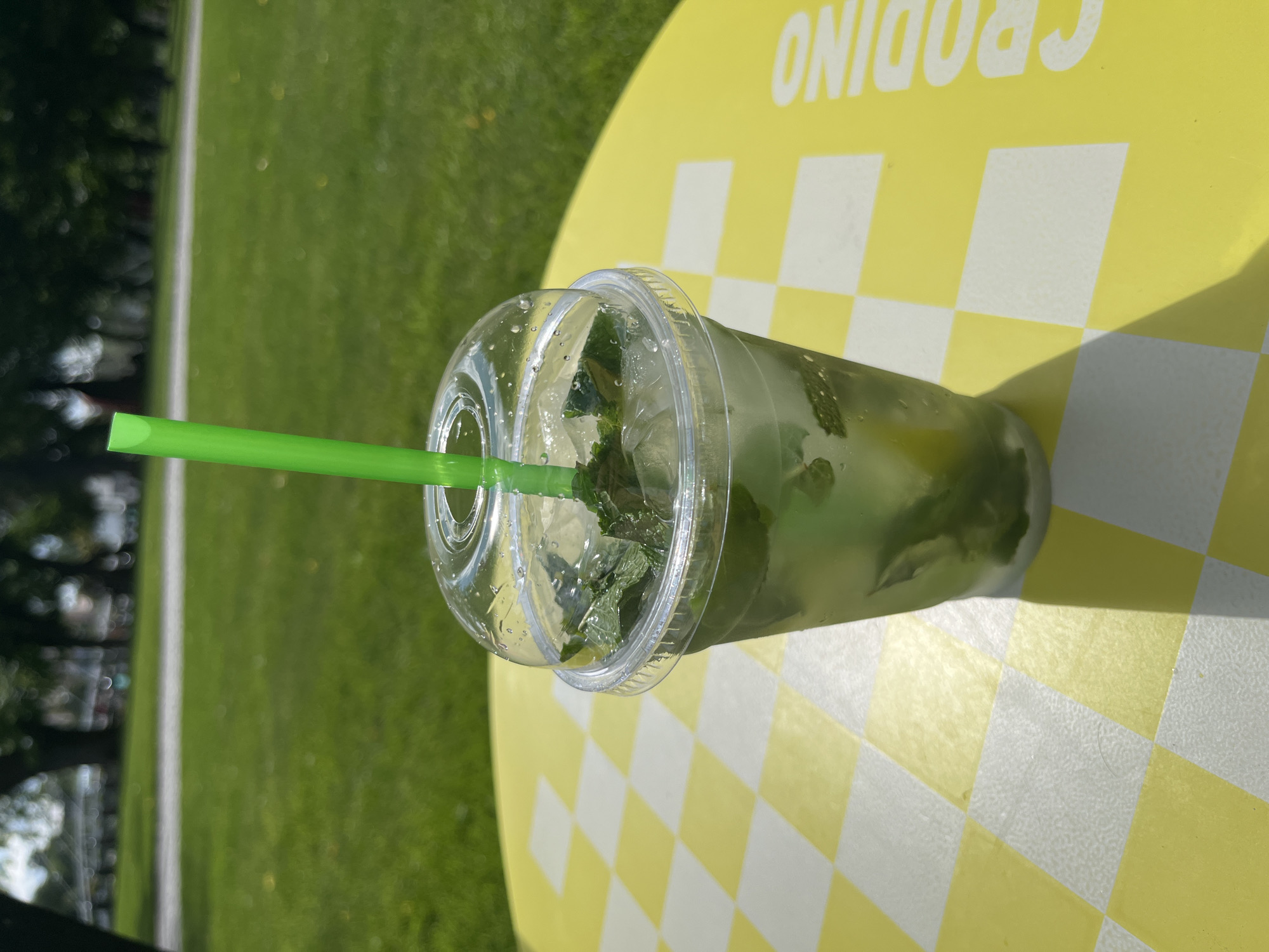 A clear plastic cup filled with a light-colored liquid, ice, mint leaves, and possibly lime slices, sits on a yellow and white checkered surface. A bright green plastic straw extends from the top of the cup. The cup is slightly frosted with condensation. The checkered surface appears to be a table or a placemat. In the background, a grassy area with trees is visible, suggesting an outdoor setting. The lighting indicates it is daytime. The text "PRODINO" is visible in white lettering on the yellow portion of the checkered surface. The scene is likely located in a park or outdoor seating area in Kharkiv, Ukraine, given the context provided. No people are visible in the image.