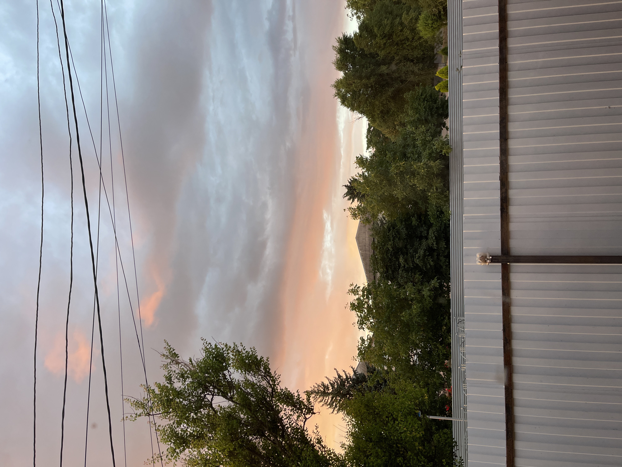 The image shows a view of the sky and trees over a corrugated metal fence in the city of Sredny, Russia. The sky is filled with clouds, with streaks of pink and orange light from the setting sun visible. Several power lines cross the sky. Lush green trees, including a tall evergreen, are visible above the fence. The fence itself is silver-colored and appears to be made of vertical metal panels. A dark horizontal beam runs across the fence, supported by a vertical metal post. A small, light-colored object is attached to the post.