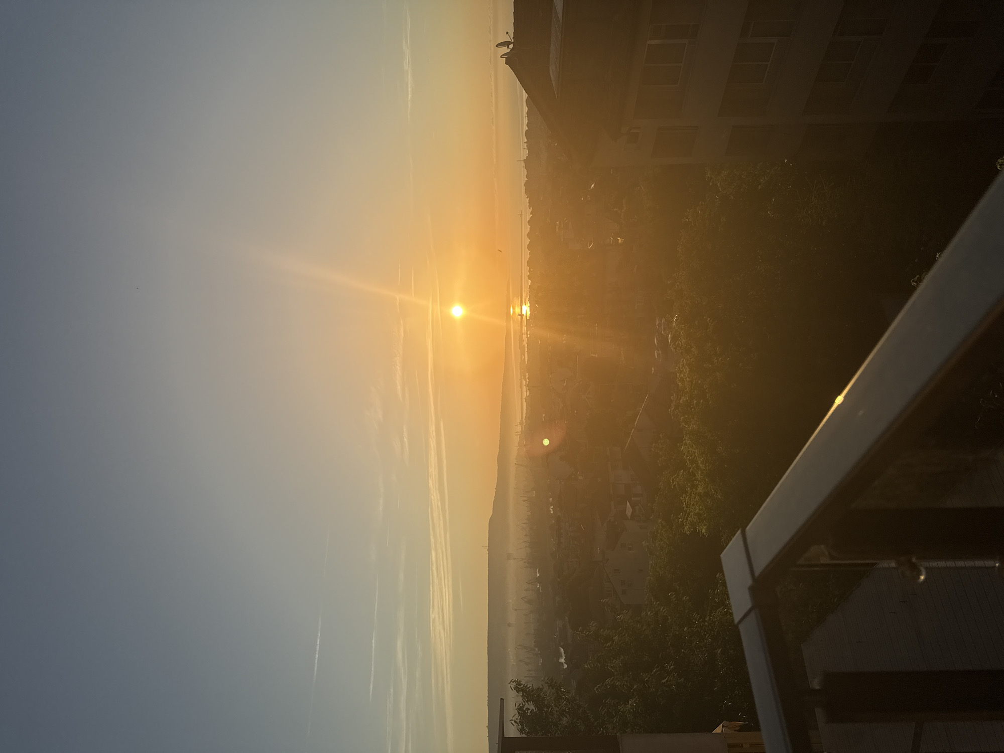 The image captures a serene sunrise over a coastal town. The sun, a bright orb, is low on the horizon, casting a warm, golden glow across the sky and reflecting on the water. The sky transitions from a soft blue to a vibrant orange and yellow near the sun, with wispy clouds streaking across the expanse.
In the foreground, a modern balcony railing is visible, suggesting the viewpoint is from an elevated position, likely a building overlooking the scene. Beyond the railing, the town unfolds with buildings and lush greenery. A body of water, possibly a bay or sea, stretches out to the horizon, where a thin line of land or hills can be seen. The sunlight creates a hazy effect, softening the details of the distant landscape.
Several buildings are visible, some appearing to be residential with windows, while others might be commercial or industrial, with cranes faintly discernible in the distance. Trees are abundant, their foliage illuminated by the sunrise. The overall atmosphere is peaceful and tranquil, indicative of the early morning hours. The light quality suggests it is early morning, possibly around dawn or shortly after sunrise. No people are clearly visible, and no text is present in the image. The scene evokes a sense of calm and the beauty of a new day beginning.