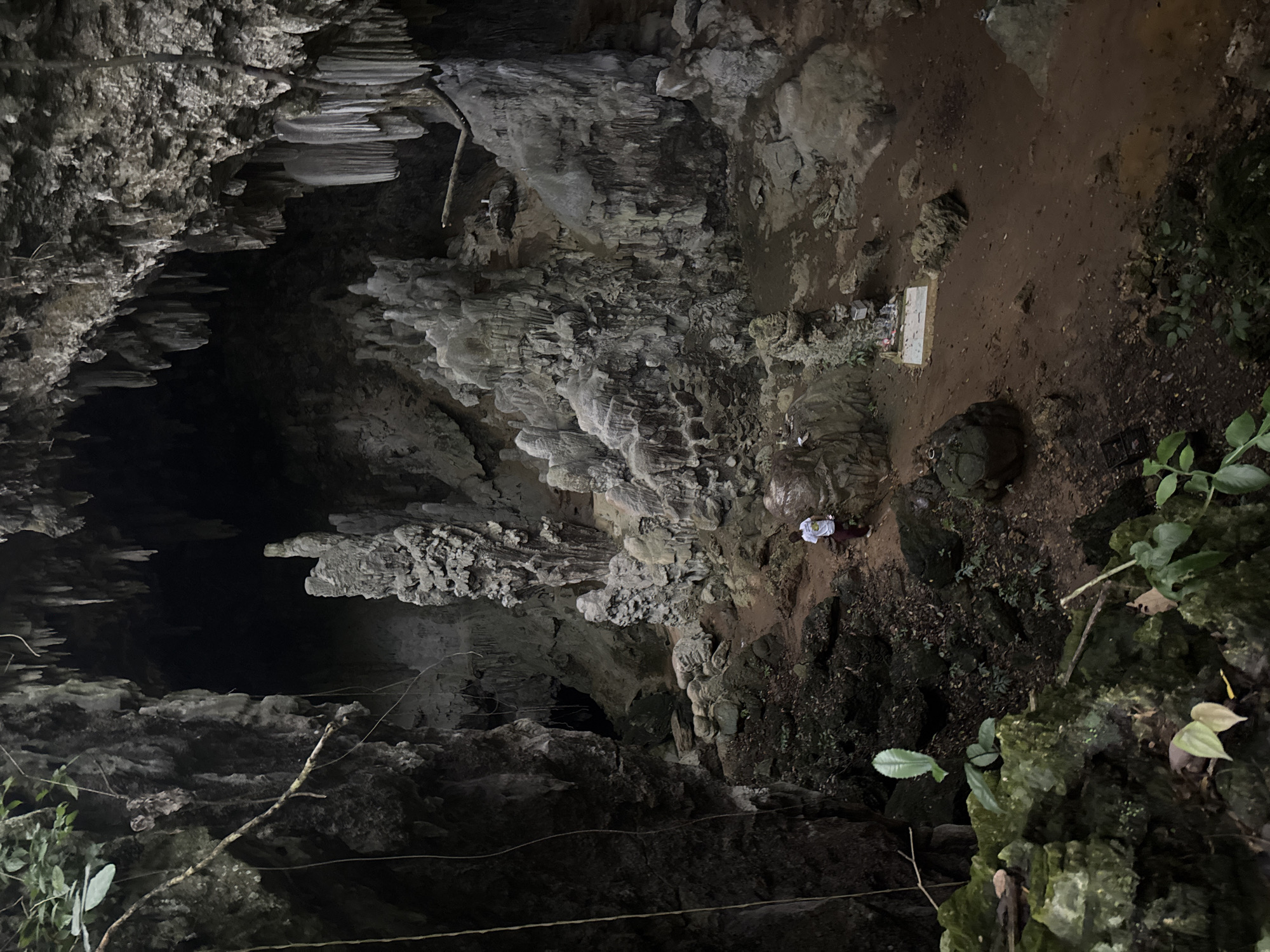 A full-shot photograph, captured from a slightly elevated perspective, shows the interior of a cave in Mai Chau, Vietnam. The cave is characterized by its immense scale, with towering stalactites and stalagmites creating a dramatic natural architecture. The ground is a mix of damp earth, rocks, and scattered vegetation, with some areas covered in moss. In the middle ground, a lone individual wearing a white t-shirt and dark pants stands on a pathway, facing away from the camera. To the right of the pathway, a small shrine with offerings is visible. The cave entrance or a deeper section of the cave is visible in the background, shrouded in darkness. The lighting is dim, with the natural light from the cave opening illuminating parts of the scene.