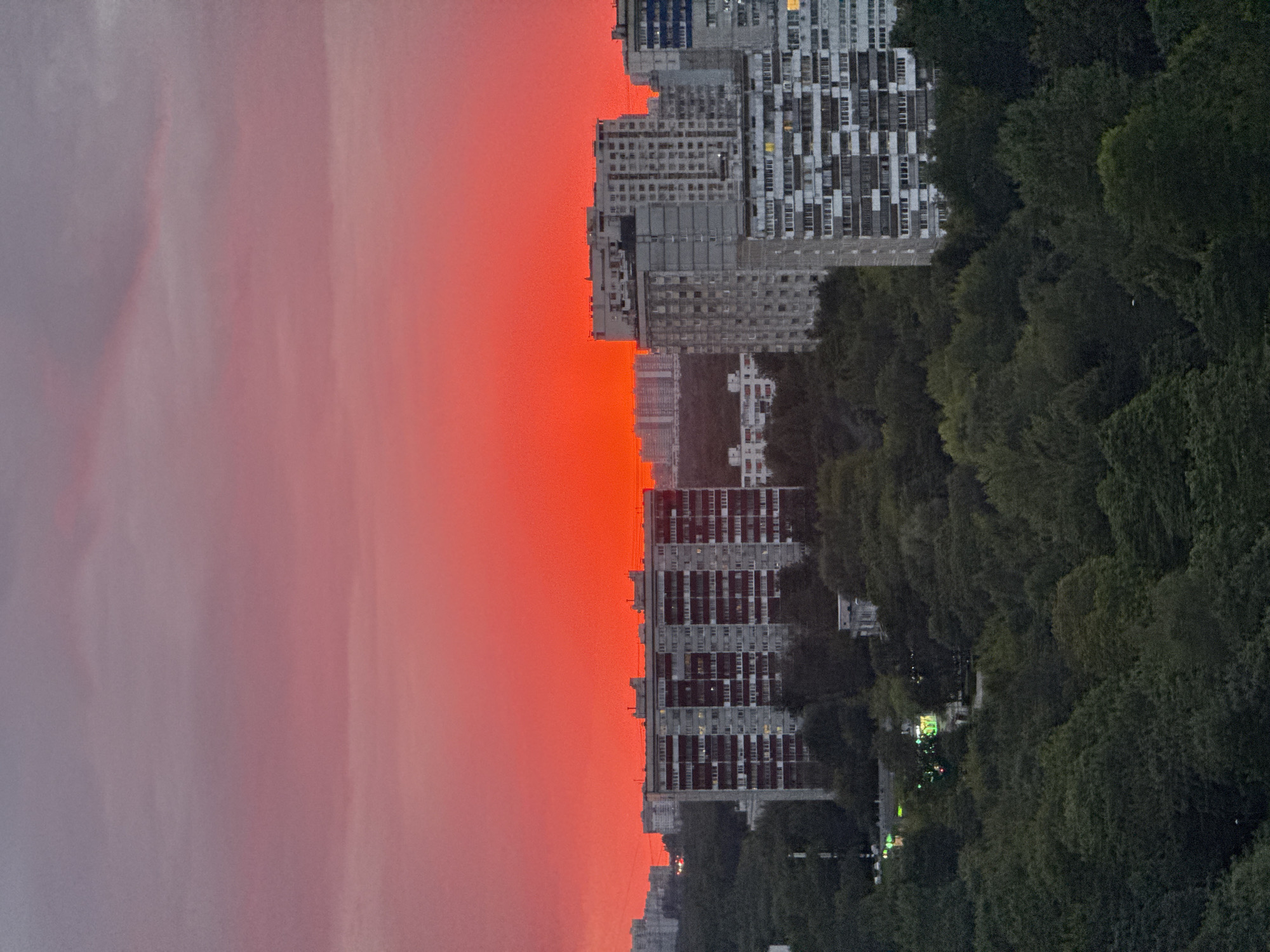 This is an aerial photograph capturing a cityscape at sunset, likely in Moscow, Russia, due to the architectural style of the buildings which are characteristic of Soviet-era residential blocks. The sky is dramatically illuminated with an intense, vibrant red glow, suggesting a significant atmospheric event or a very dramatic sunset. Several multi-story apartment buildings are visible, rising above a dense canopy of dark green trees that dominate the foreground and midground. The trees appear lush and full, indicating a season like summer or early autumn. Some of the apartment buildings show signs of individual lighting from within, with yellow lights visible in some windows. The overall impression is one of a striking natural phenomenon set against a dense urban and natural landscape.