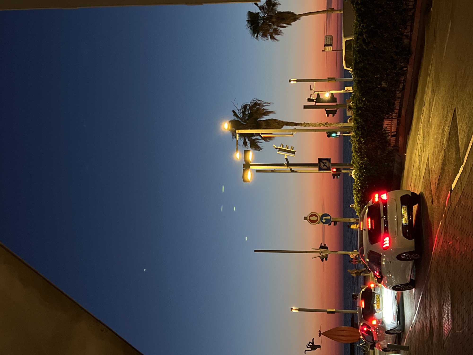 This image depicts a street scene at twilight in Tel Aviv, Israel, identifiable by Israeli license plates and Hebrew text on street signs. The sky transitions from a deep indigo blue at the top to a vibrant orange-red at the horizon, indicative of a recent sunset. A slender crescent moon is visible in the upper-left dark blue sky.
In the foreground, an angled, light brown architectural element intrudes from the top-left. The street, a dark asphalt surface, reflects the warm yellow light from several multi-lamp streetlights. Two white passenger cars are stationary on the right side of the road, facing away from the viewer, with their bright red taillights illuminated. The car closer to the viewer is a Peugeot 208 with license plate "302:19-102." Directly behind it is another white car, appearing to be a Honda Jazz/Fit, with license plate "81-155-52."
Along the street are various urban elements: tall utility poles, traffic light poles displaying green and amber signals, and multiple street signs, including a red octagonal "STOP" sign with a directional arrow and a circular "20" sign with Hebrew text. Two prominent palm trees are silhouetted against the colorful sky. On the left, a black, stylized, multi-limbed sculpture resembling a monkey is visible, accompanied by an orange, conical art installation. A dense green hedge borders the right side of the road.
In the background, beyond the hedge and the street, the Mediterranean Sea is visible at the horizon. A promenade or beach area separates the road from the sea, populated by several indistinct human figures walking or standing. One figure near the left side of the street appears to have a bicycle. A white utility van is partially visible behind the hedge on the far right.