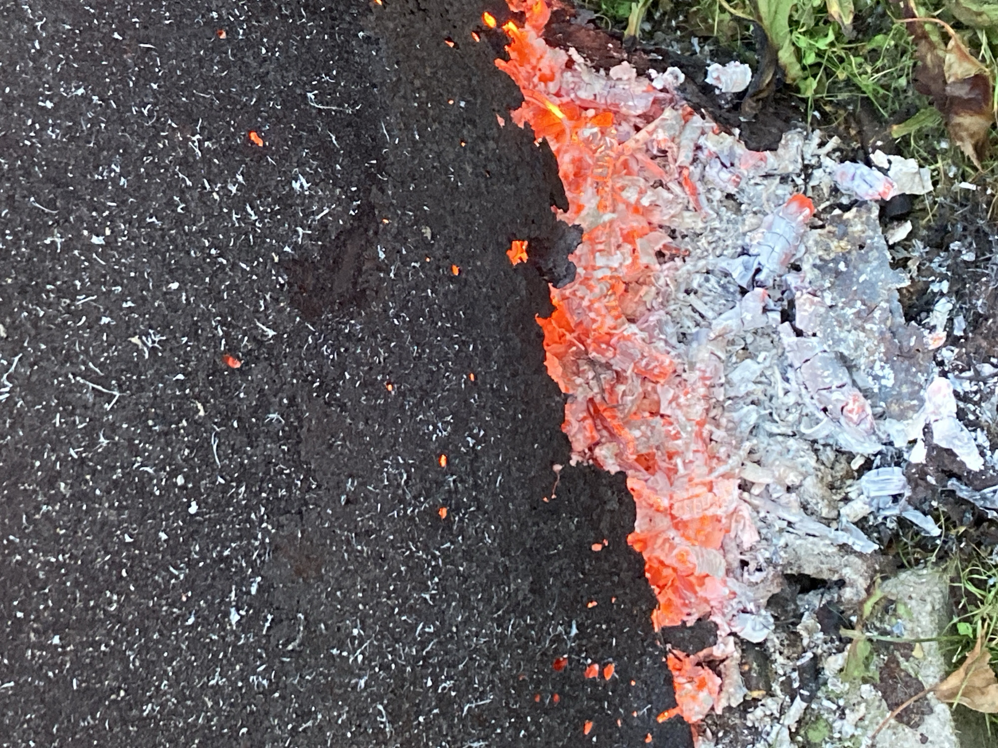The image shows a close-up view of hot embers and ash on dark ground, with some green grass and leaves visible in the lower portion. The embers are glowing red and orange, indicating intense heat. The ash is predominantly white and gray, mixed with remnants of burned material. Small red specks, likely sparks or tiny embers, are scattered across the dark surface. The scene appears to be outdoors, possibly in a yard or park, given the presence of grass and fallen leaves. No people or specific landmarks are visible. The lighting suggests it may be daytime, but the focus is entirely on the burning material and its immediate surroundings.