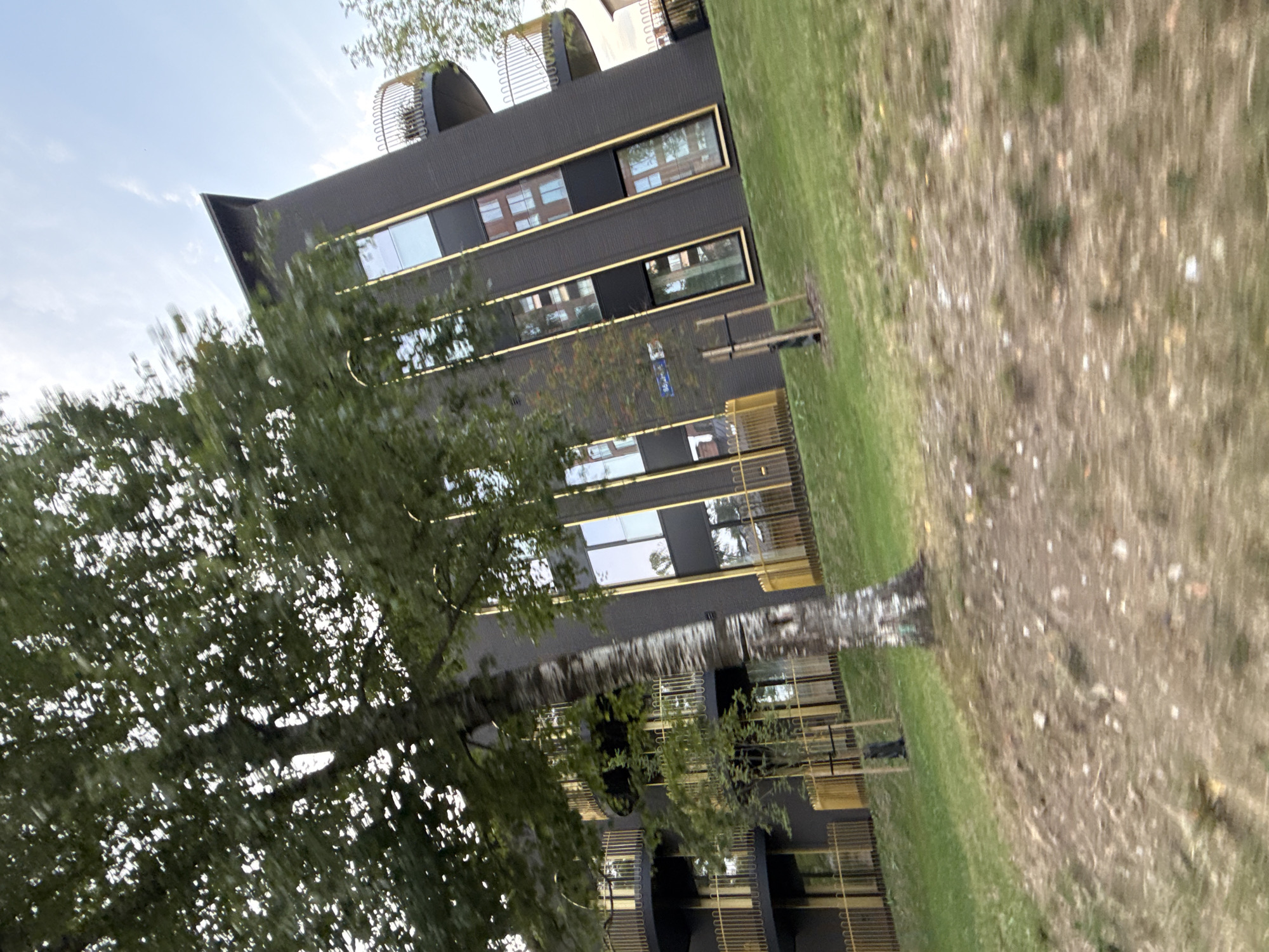 A modern apartment building with a dark facade and gold trim is depicted in this image. The building has multiple floors with large windows and balconies. A tree with green foliage stands in front of the building, partially obscuring its view. The ground in front of the building is covered in grass. A street sign with the number "56" is visible on the building. The overall scene suggests an urban residential environment.