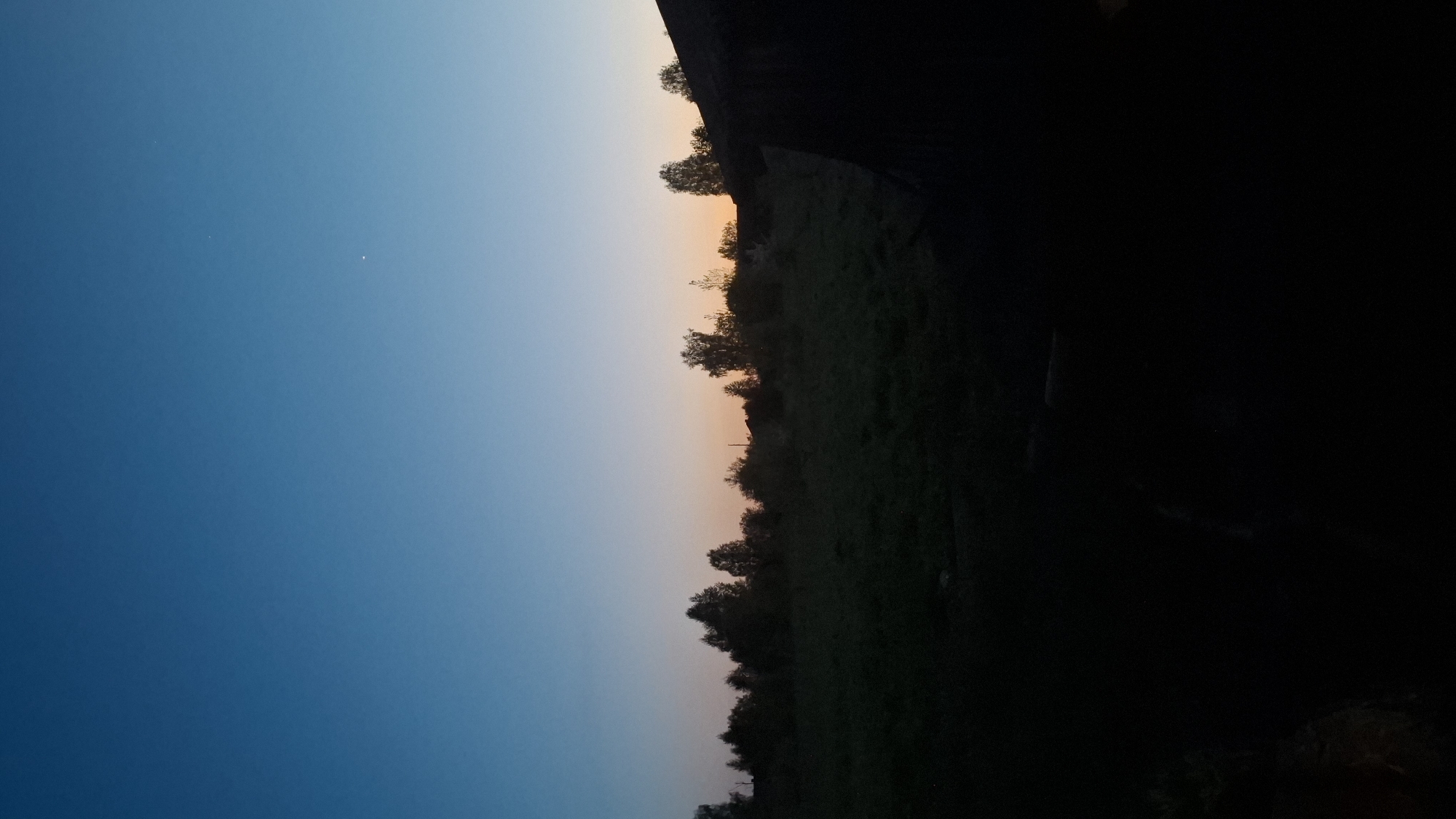 The image shows a landscape at dusk or dawn, possibly in or near Шешурга, Russia. The sky transitions from a deep blue to a lighter orange/yellow near the horizon. Silhouetted trees and vegetation are visible along the horizon line. The right side of the image is dominated by darkness, obscuring details but potentially indicating a building or dense foliage. A single, bright point of light, likely a star or planet, is visible in the blue portion of the sky. There are no people visible in the frame.