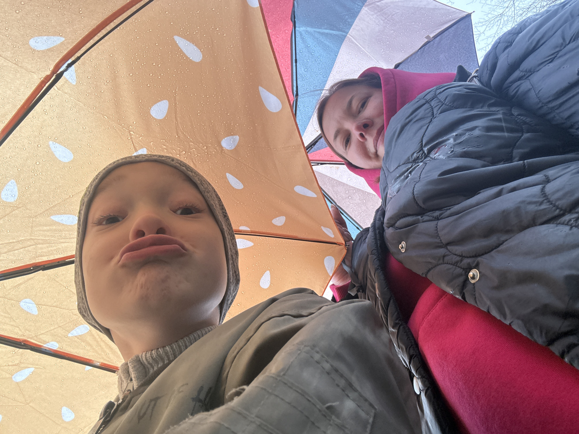 A low-angle, upward-facing photograph captures two individuals, an adult and a child, sheltering under separate umbrellas during what appears to be rainy weather. The scene is set outdoors, likely in Dmitrov, Russia, as provided by the context.
On the left, a child with light skin is visible from the chin up, looking directly at the camera with a playful, pouty expression. The child wears a light grey beanie or hooded garment, a light grey ribbed turtleneck, and a light olive-colored jacket. Above and around the child is a prominent light orange or tan umbrella, its surface covered in numerous small raindrops and adorned with several white, tear-drop shaped patterns.
To the right, an adult woman is partially visible. She has light skin and a gentle smile, looking towards the camera. She is dressed in a vibrant pink or red hoodie beneath a dark, possibly black, quilted jacket. Her umbrella, seen above and to her right, is distinctly multicolored, featuring panels of blue, red, and white, also showing visible water droplets from the rain.
The background beyond the umbrellas reveals an overcast sky, with faint, possibly bare tree branches discernible on the far right. The image, likely a selfie, conveys a casual and possibly playful moment shared between the two subjects despite the inclement weather. There is no visible text in the image.