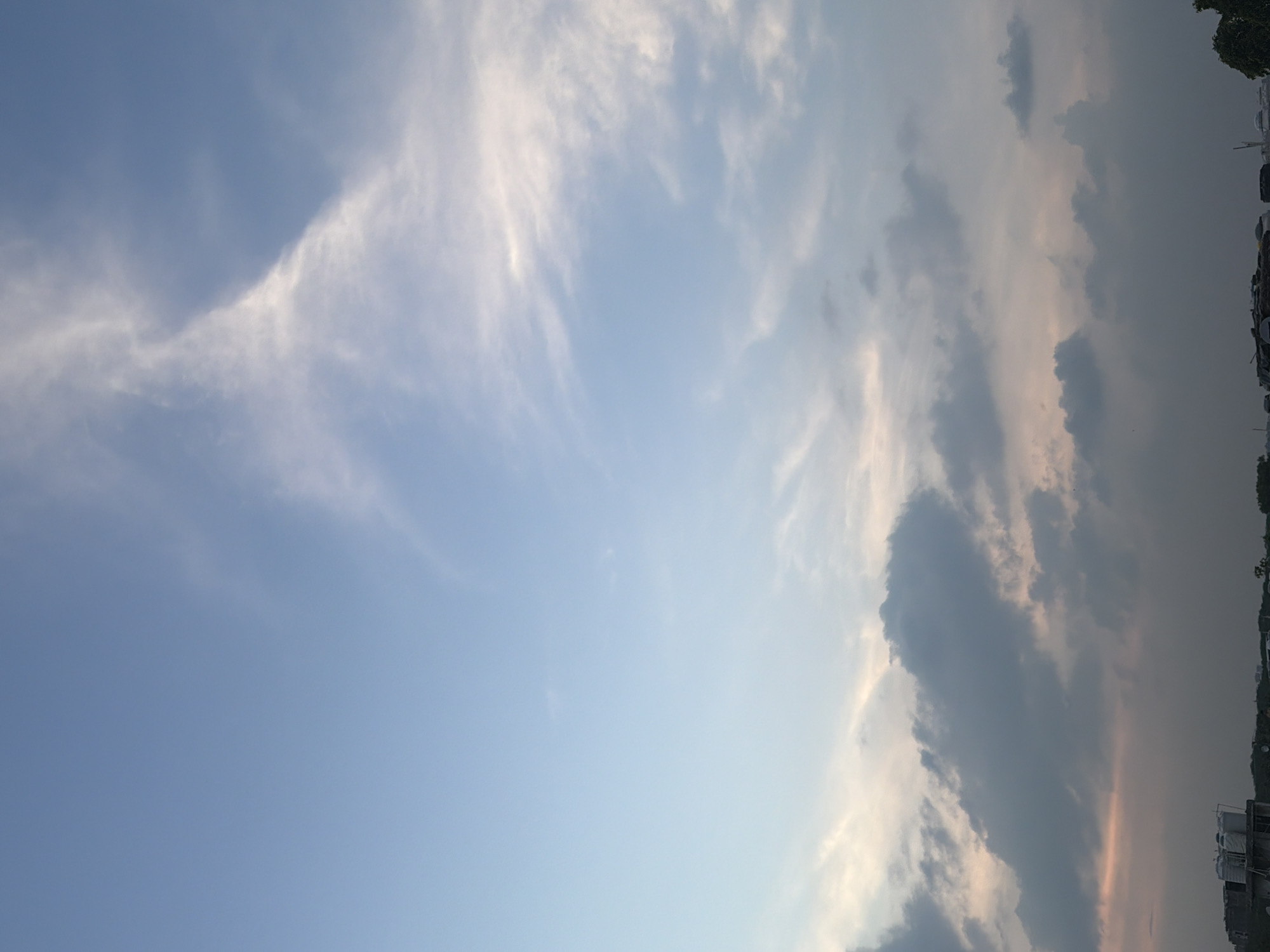 This is a vertical, eye-level, full shot of a sky over a city at dusk. The sky is a blend of light blue, pale pink, and grey, with wispy white clouds scattered throughout. The lower portion of the image shows the silhouettes of buildings and trees against the muted sky. The scene is peaceful and serene, with no visible people or activity. The location is identified as Delhi, India, likely a residential or semi-urban area given the presence of multi-story buildings and water tanks on rooftops. The overall impression is one of quiet contemplation as the day transitions into night.