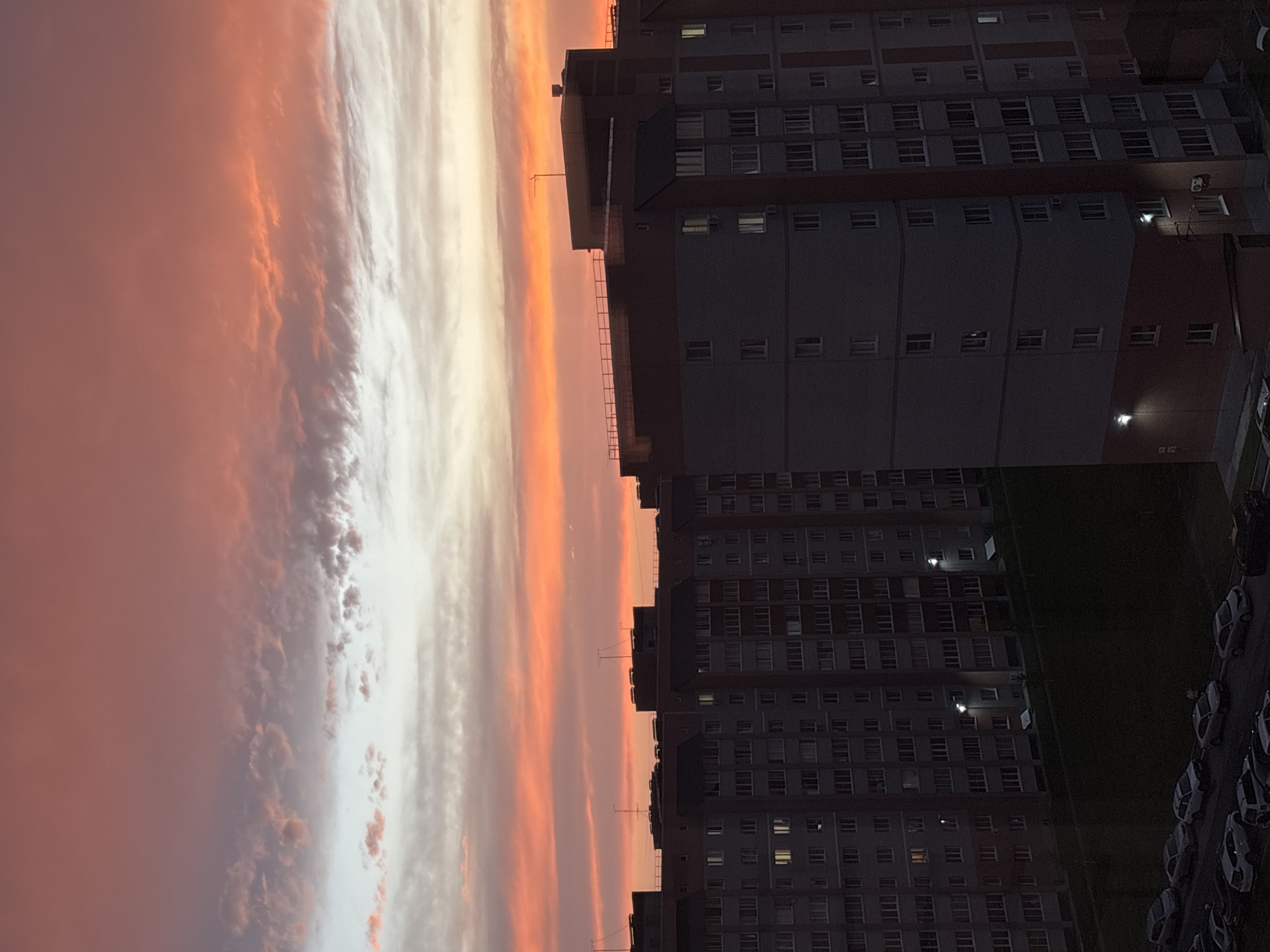 The image captures a sunset over a residential area in Novoaltaysk, Russia. The sky is filled with vibrant hues of orange, pink, and white, indicating the sun is low on the horizon. Several apartment buildings, characterized by their multi-story, concrete construction, dominate the foreground. These buildings appear to be part of a dense urban landscape, with numerous windows visible, some lit from within, suggesting occupancy. The rooftops of these buildings are adorned with various antennas and structures. Below the buildings, a grassy slope leads down to a parking area where several cars are parked in rows. The overall scene depicts a typical urban evening in the city.