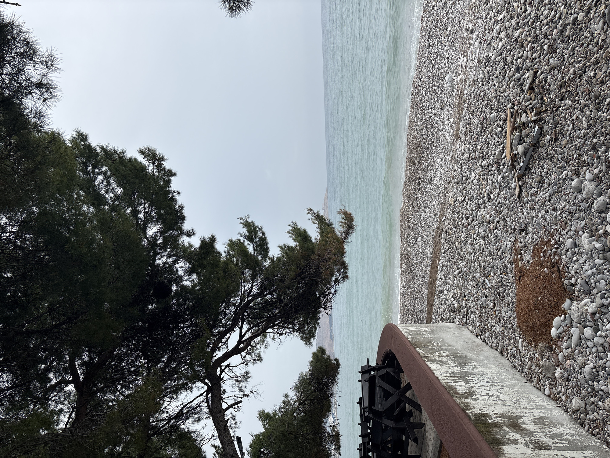 The image captures a tranquil coastal landscape under an overcast sky, likely in Bar, Montenegro. The scene is dominated by a pebble beach stretching across the middle and right sections, meeting a calm, pale greenish-blue body of water, possibly the Adriatic Sea. Gentle waves lap at the shore, composed of countless grey and white pebbles, with some scattered pieces of driftwood or debris visible on the beach.
On the left side, several tall, dark green evergreen trees, appearing to be pines, frame the scene. Their dense foliage and branches extend upwards, partially obscuring the sky. In the lower right corner, a concrete structure with a curved, rusty brown metal rim is visible, possibly part of a promenade, pier, or embankment. Within this structure, a dark, intricate metal mechanism, resembling parts of a water wheel or historical machinery, is present.
In the distant background, across the calm waters, faint outlines of mountains or hills can be discerned beneath the horizon. The sky is uniformly light grey, indicating an overcast day, which provides soft, diffused lighting. The overall mood is serene and peaceful. No people, animals, or visible text are present in the image.