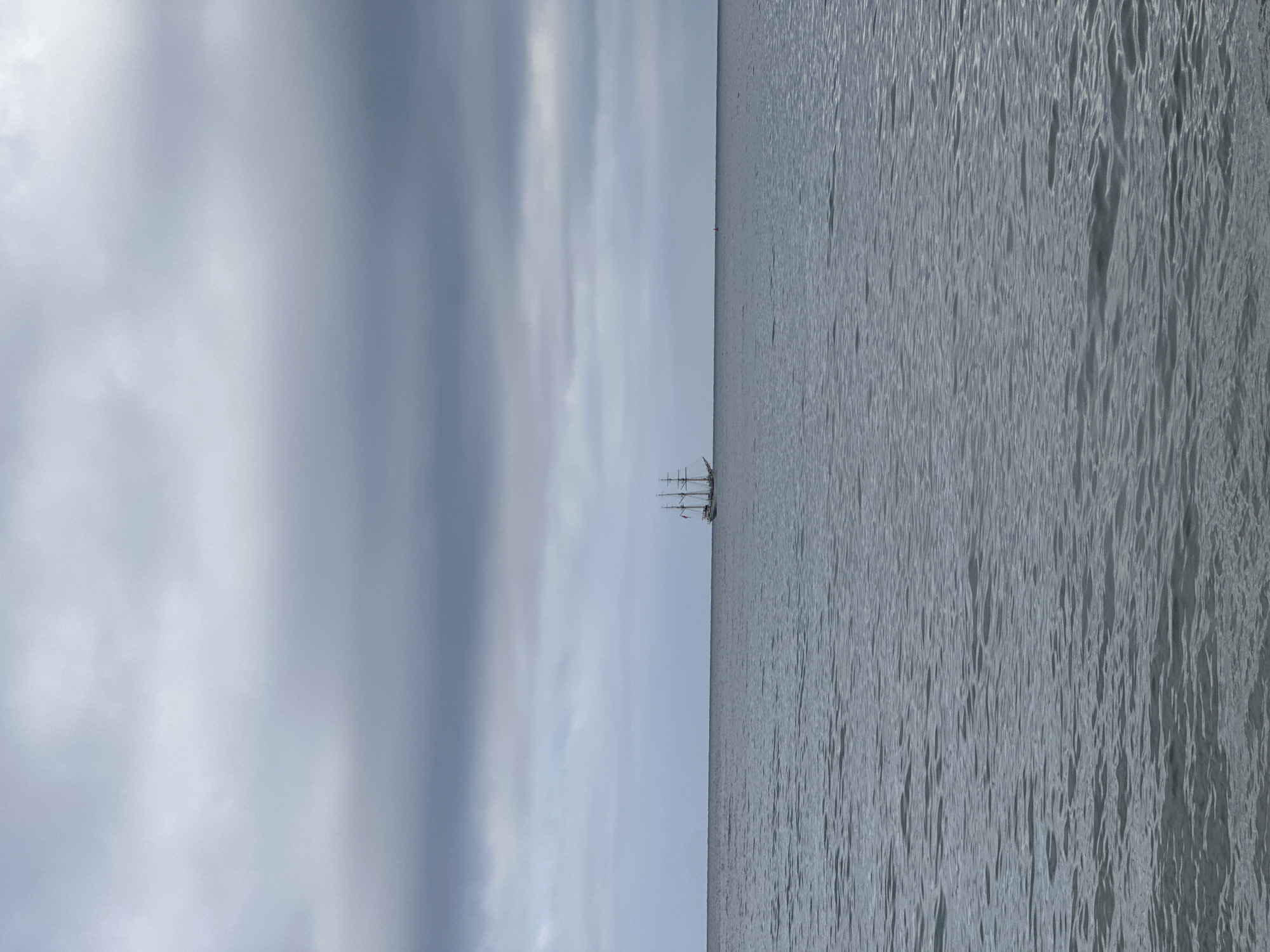 The image, correctly oriented horizontally, presents a vast and serene maritime scene under an overcast sky. A large, multi-masted sailing ship, often known as a tall ship, is centrally positioned in the distance on the calm, rippled waters. The vessel showcases intricate rigging, indicative of a traditional design.
A distinct horizon line separates the expansive sky from the water, running across the entire frame. The sky is uniformly cloudy, filled with soft, diffused light, suggesting an overcast day with no direct sunlight, possibly early morning or late afternoon. The water surface reflects this subdued light, displaying gentle ripples that create texture without implying strong currents or wind.
The overall color palette is dominated by cool grey and muted blue tones, contributing to a tranquil and expansive atmosphere. There are no visible people, discernible text, or strong location-specific cues within the image itself, beyond the general setting of open water. The contextual location provided is Šušanj, Montenegro. The weather appears calm and still.