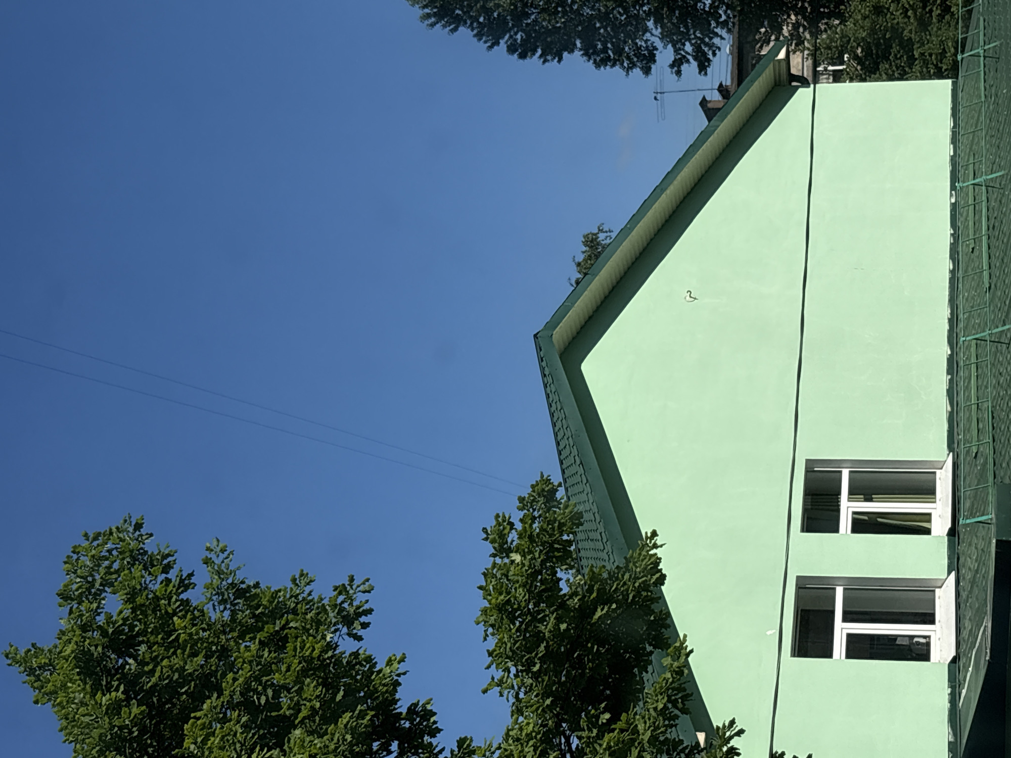 The scene presents the gable end of a building under a clear blue sky on a bright day in Saint Petersburg, Russia. The building's facade is painted a uniform pastel light green. Its roof is a dark, textured forest green, likely constructed from metal tiles, with a light-colored fascia board running along the eaves. Two rectangular windows with white frames are vertically positioned on the lower half of the light green wall. A dark, horizontal cable or pipe is affixed to the wall above these windows. A small, light-colored, curved mark, possibly a stain or remnant of a fixture, is visible on the upper portion of the light green wall. Lush green foliage from mature deciduous trees frames the upper left and partially the right side of the image. Several thin, dark power lines diagonally traverse the clear blue sky from the upper left. Below the main wall, a dark green lower roof or awning structure is visible, supported by a metal framework. In the far right background, through gaps in the foliage, a chimney and a television antenna on another distant building are faintly discernible. No people are visible.