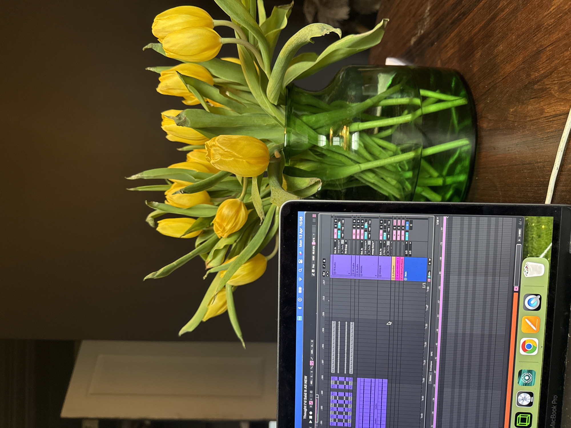 The image presents a still life composition on a dark wooden surface. The scene is dominated by a vase of yellow tulips, set next to a MacBook Pro. The tulips are in full bloom, their green stems visible through the clear green glass vase. The MacBook Pro's screen displays digital audio workstation software, with various audio tracks and settings visible. The dock at the bottom of the screen shows a range of apps. A white cable is running on the right. The background behind the tulips appears to be a dark brown or black wall. The lighting in the room is muted, giving the scene a soft, intimate feel. There are no people visible in the image. There is no indication of a location in London, United Kingdom, or any other city.