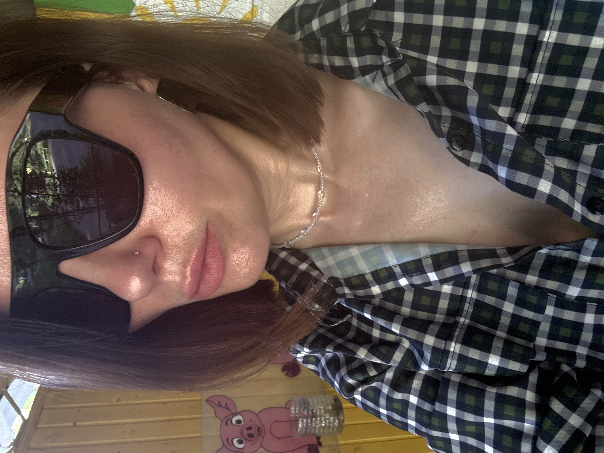 A woman wearing sunglasses and a plaid shirt is depicted in a close-up shot. She has dark hair and a necklace. A pink pig cartoon is visible on a wooden surface. The image location is identified as Chaikovsky, Russia.
