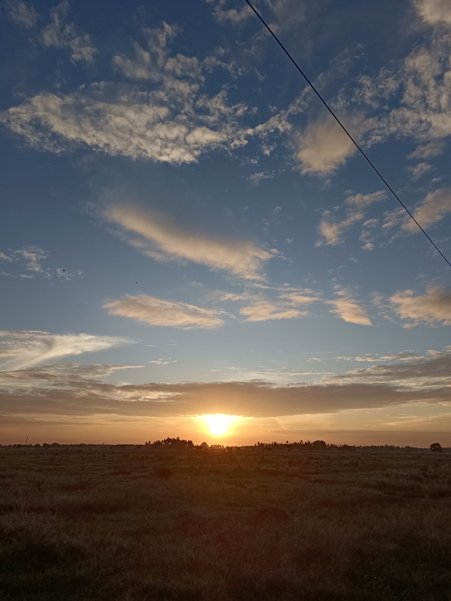 A wide shot captures a sunrise over a grassy field in Meunasah Pupu, Indonesia. The sky is a gradient of blue and orange, with scattered clouds tinged with pink and yellow. A thin, dark power line bisects the upper right quadrant of the frame, stretching from the top edge downwards. In the distance, a line of trees and vegetation forms a dark silhouette against the bright horizon. The foreground is a textured expanse of dry grass, casting the field into shadow. Two small, dark shapes resembling birds are visible in the sky on the left side of the image. The overall impression is one of a peaceful, rural dawn.