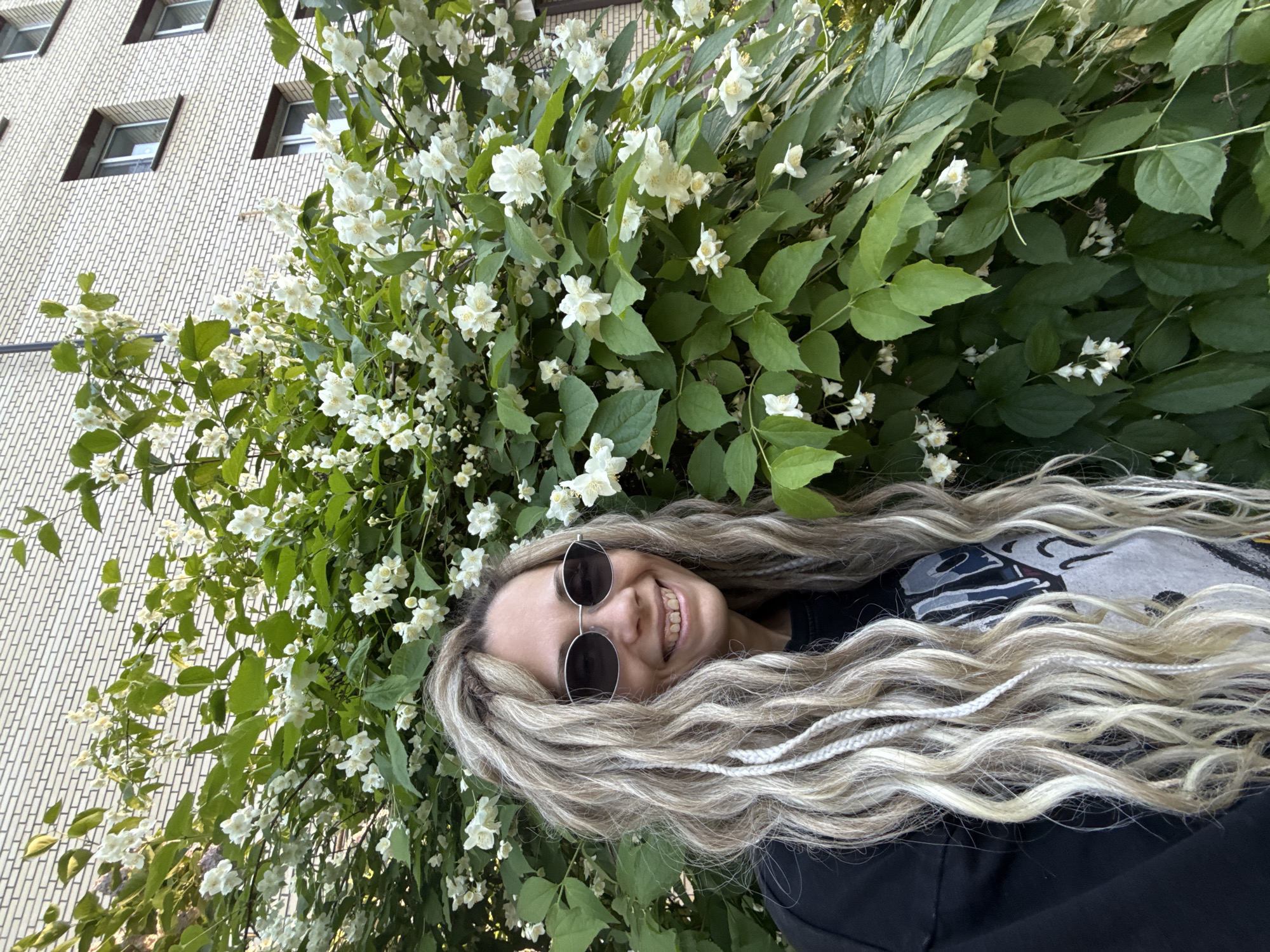 A light-skinned adult female is centrally positioned in the foreground, smiling while standing in front of a dense, flowering bush. She has long, wavy hair with prominent blonde and lighter, possibly white or grey, braided sections. She wears oval-shaped sunglasses with thin silver frames and dark lenses. Her facial expression is a broad smile, revealing her teeth. She is dressed in a dark-colored, likely black, long-sleeved top or sweatshirt, with a partial graphic design in white and grey visible on the chest area.
The flowering bush, possibly jasmine or mock orange, is abundant with numerous small white flowers and green ovate leaves, occupying a significant portion of the frame behind and around the woman. In the background, a light-colored brick building with a running bond pattern is visible. Several rectangular windows with dark frames are present on the building's facade. A dark vertical pipe runs along a section of the brick wall. The scene is outdoors, illuminated by natural light. The location is the city of Rusanovo, Russia.