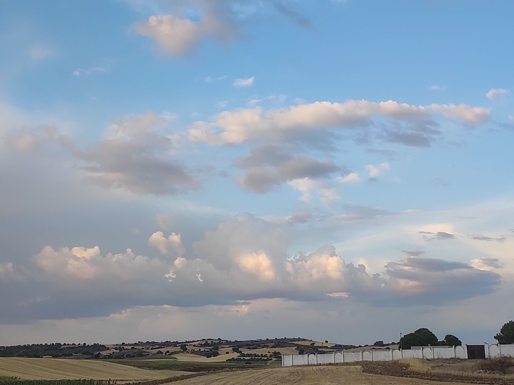 This is a wide-angle, eye-level, outdoor photograph taken in Villarejo de Fuentes, Spain. The image captures a vast, partially cloudy sky above a rolling agricultural landscape. The sky features a mix of soft white and grey clouds, with patches of blue visible. Some clouds are illuminated with a warm, pinkish hue, suggesting the light of either sunrise or sunset.
The foreground and middle ground are dominated by fields of harvested crops, appearing dry and straw-colored, with some areas showing rows of sunflowers. The terrain slopes upwards towards a distant, tree-lined ridge. A long, white wall with arched sections runs horizontally across the middle ground, separating the fields from the more distant landscape and a few scattered trees. There are no people or animals visible in the image. The overall atmosphere is serene and rural.
