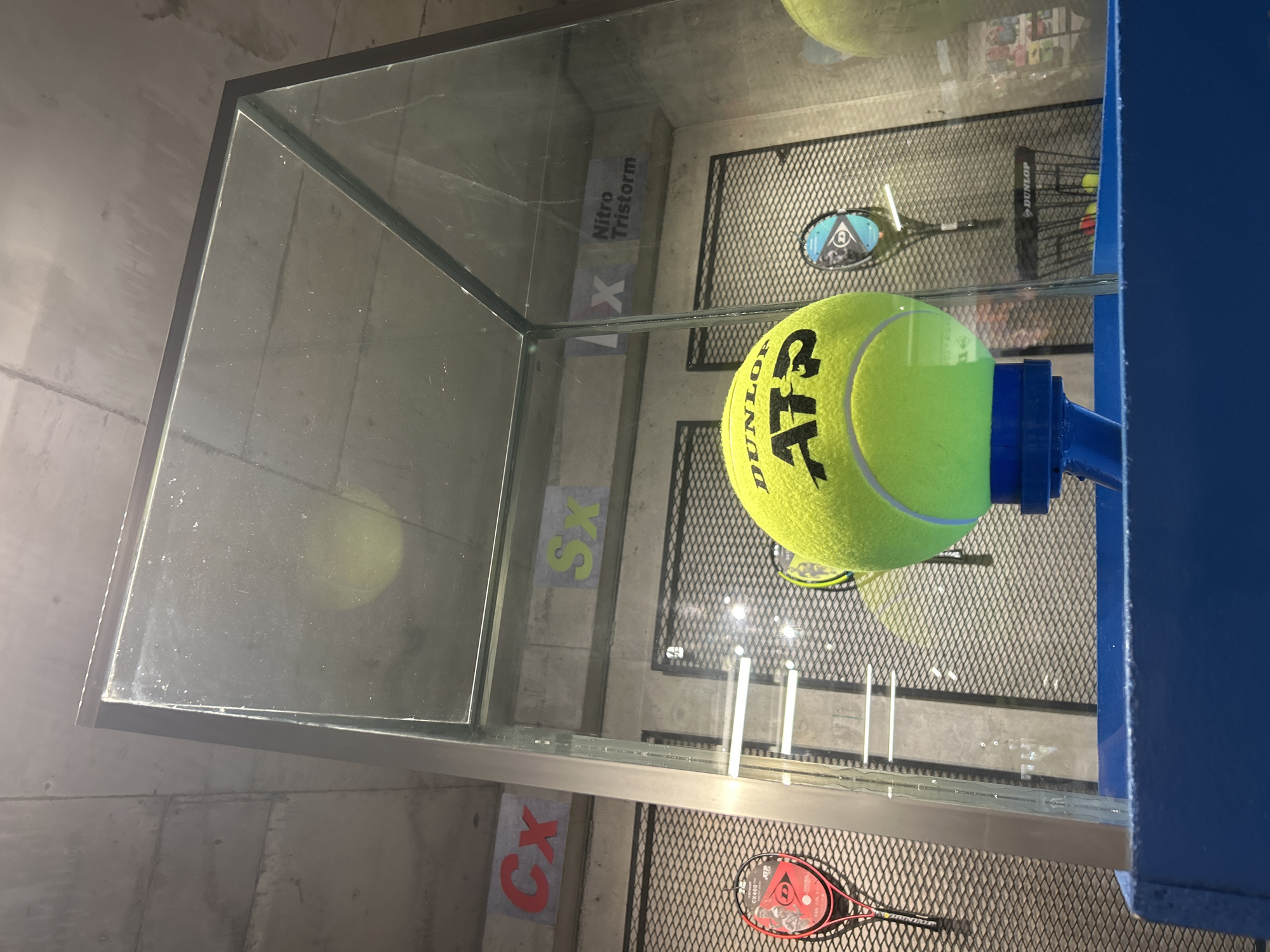 The image depicts a display case in what appears to be a retail or museum setting. The case contains several tennis-related items. Dominating the foreground is a large, oversized Dunlop ATP tennis ball mounted on a blue fixture. Within the case, on what looks like a black metal mesh surface, are a couple of tennis racquets, one with a blue and black color scheme and another in red. A tennis ball storage basket is also visible. Lettering “Nitro Tristorm”, “SX”, and “CX” can be seen on the vertical surfaces adjacent to the glass. The image was taken indoors, in what seems to be an area with a concrete-like wall and floor. No people are visible. The location is in Tbilisi, Georgia.