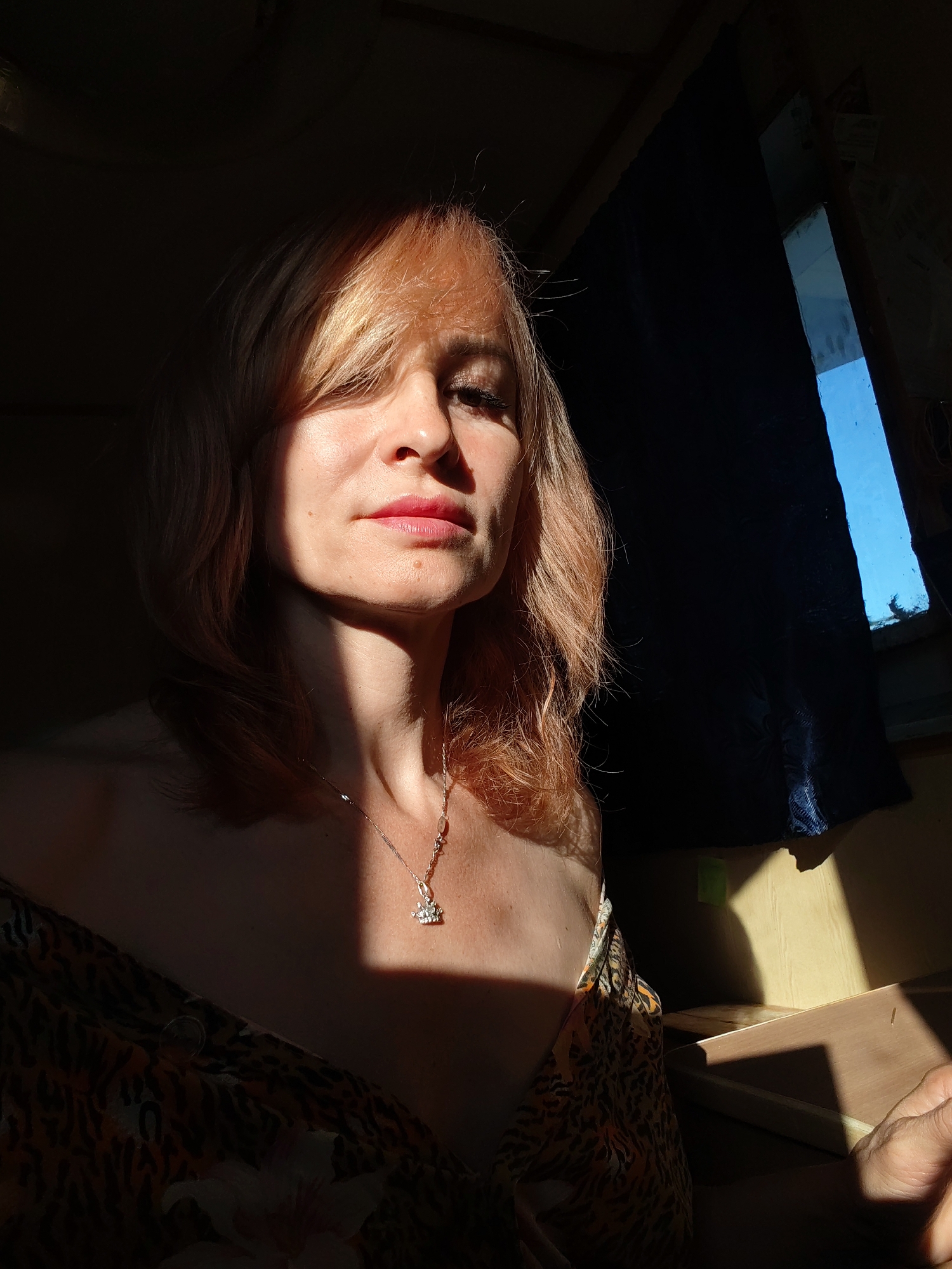A woman with blonde hair and a necklace is illuminated by sunlight, casting a shadow across her face. She is wearing a patterned top and appears to be indoors, with a dark curtain and a window visible in the background. The scene is lit by a strong light source from the left, creating dramatic shadows.