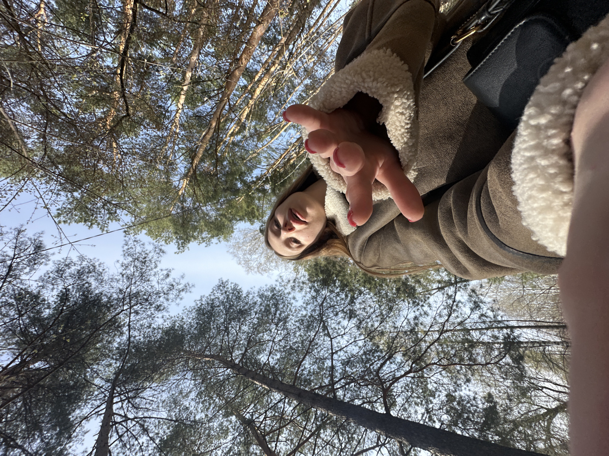 The image is a low-angle shot looking upwards into a forest canopy. A young woman is prominently featured in the upper right quadrant, looking downwards towards the camera with a neutral expression. She has brown hair and is wearing a brown or tan coat with a visible cream-colored sherpa or fleece lining around the collar and cuffs. Her right hand is extended towards the camera, fingers slightly spread, revealing red nail polish. A dark bag or purse with a metallic gold clasp is partially visible near her shoulder.
The background is dominated by numerous tall, slender trees, consistent with conifers like pines, whose branches and needles create a dense overhead canopy. The sky is clear and bright blue, suggesting a sunny day. Sunlight filters through the tree branches, illuminating the scene. The setting is an outdoor wooded area or forest. The location context indicates Chaikovsky, Russia. No visible text is present in the image.