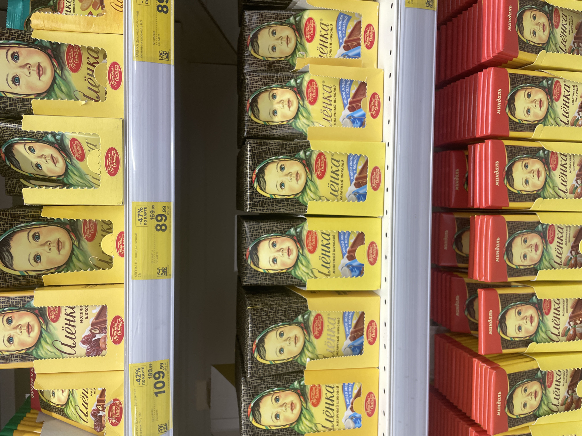 The image shows shelves stocked with Alenka chocolate bars, a popular Russian confectionery. The bars are arranged in rows, with different variations visible: chocolate with hazelnuts and raisins, plain milk chocolate, milk chocolate with cookies and caramel, chocolate with "many milk + calcium", and chocolate with almonds. The packaging features the iconic image of a blue-eyed girl wearing a headscarf. Price tags are visible on the shelves, displaying prices in rubles. The location is likely a supermarket or grocery store in Russia, specifically in the city of Izhevsk. The bars with almond are sold with extra red package named миндаль (almond).