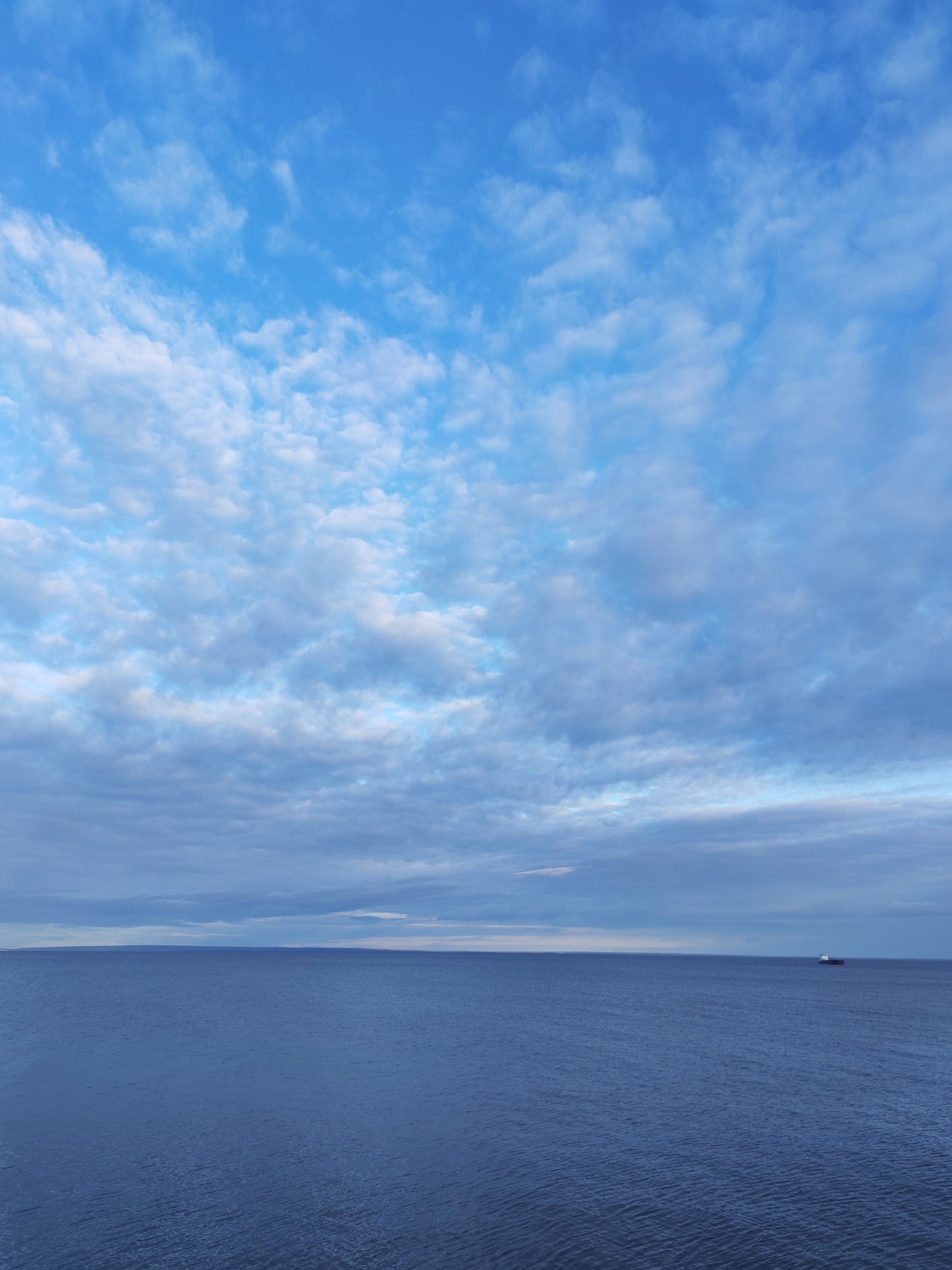 This wide-angle shot captures a serene seascape under an expansive, cloudy sky, likely taken from a slightly elevated vantage point near Shcheleiki, Russia. The image is dominated by cool blue and grey tones, conveying a sense of vastness and tranquility.
The upper two-thirds of the frame are filled with the sky, displaying a dynamic interplay of clouds. The highest parts show patches of brighter blue sky peeking through wispy, scattered white clouds, suggesting cirrocumulus or altocumulus. Below this, a denser, more uniform layer of greyish-white clouds stretches across the middle of the sky, likely stratocumulus or altostratus, creating a diffuse light. Towards the horizon, the clouds become flatter and darker, blending into a hazy band above the water.
The lower third of the image depicts a calm, dark blue body of water, possibly a large lake or sea, with subtle ripples visible on its surface. The water extends to a distant, almost perfectly horizontal horizon. A faint, low-lying landmass is visible as a thin, dark line along this distant horizon, stretching across the entire width of the frame.
The only discernible object is a small, dark-colored cargo ship or tanker, positioned on the far right side of the horizon line. Its superstructure, appearing as a white block, is visible above the dark hull. The ship's size relative to the vastness of the water emphasizes the scale of the scene.
The muted lighting suggests either an overcast day or the soft light of early morning or late afternoon. The overall weather appears calm and cool, with no visible precipitation. There is no visible text in the image. The scene evokes a feeling of peaceful solitude and the immense scale of nature.