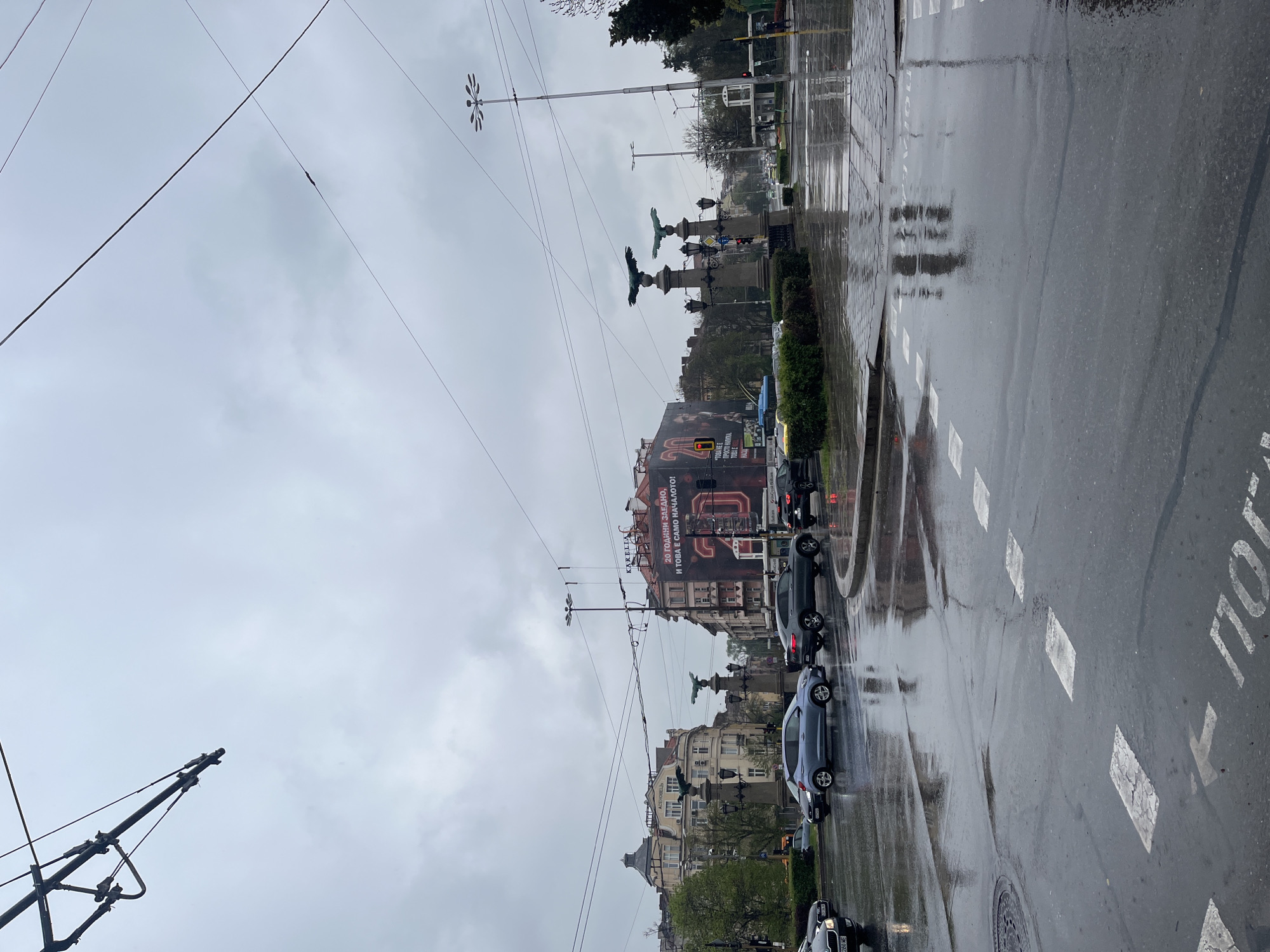 An outdoor, slightly rotated, eye-level shot captures a wet urban street scene in Sofia, Bulgaria, on an overcast day. The street, showing reflections from recent rain, features white pedestrian crossing stripes and a partially visible word "ПОГЛЕД" (LOOK/VIEW) painted on the asphalt. Parked and slowly moving cars line the right side of the street, their reflections shimmering on the wet surface. Overhead wires, indicative of trams or trolleybuses, crisscross the cloudy sky.
In the mid-ground, a median strip separates the traffic lanes, adorned with decorative lampposts and prominent statues of two large, dark-colored birds, possibly eagles, perched on classical pedestals. Beyond the street, multi-story buildings with traditional European architecture line the background. A large red banner on one building prominently displays Cyrillic text: "20 ГОДИНИ ЗАЕДНО, И ТОВА Е САМО НАЧАЛОТО!" (20 YEARS TOGETHER, AND THIS IS JUST THE BEGINNING!), with "KARELIA" visible below. The overall atmosphere is muted due to the cloudy weather and wet conditions. A partially visible car license plate reads "280 ME".