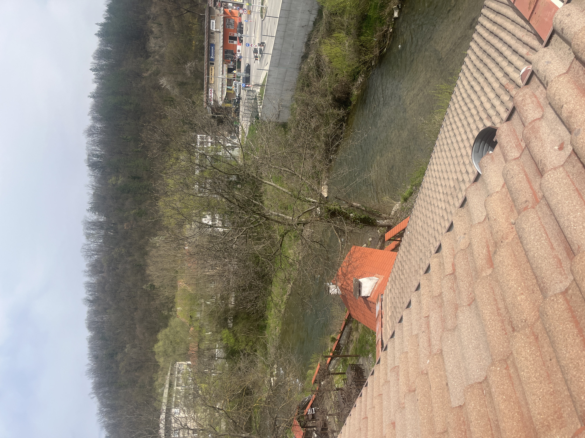 A high-angle view shows a landscape in Troyan, Bulgaria. A flowing river bisects the scene, bordered by trees and buildings. On one side of the river, a building with commercial signage faces a street. The opposite bank features a hillside covered with dense trees and sparse buildings, suggesting residential or recreational use. An orange-roofed building sits near the river's edge, and in the foreground, a section of a roof with a circular vent is prominently displayed. The sky is overcast.