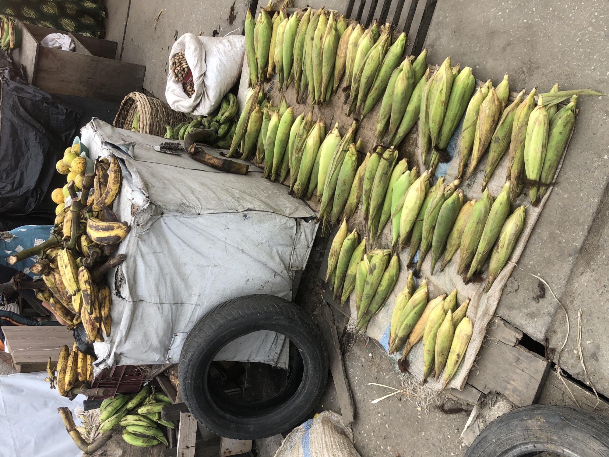 This image depicts a busy street market scene in Lagos, Nigeria, likely near a roadside stall. The foreground is dominated by a large display of raw corn on the cob, arranged in neat rows on a piece of burlap or fabric laid on the ground. The corn cobs are green and appear fresh, with some showing hints of yellowing. To the left, a black tire leans against a large, white-covered object, possibly a stall or a vehicle. Behind the corn, a substantial pile of ripe plantains, a staple food in Nigeria, is visible. These plantains range in color from green to yellow and are stacked in bunches. Further back, a basket filled with what appears to be bread or baked goods is partially visible. The background is cluttered with various market elements, including wooden structures, sacks, and other food items like round yellow fruits, possibly lemons or limes, displayed in a bowl. The overall impression is one of a vibrant, active marketplace, typical of street vendors in Lagos.