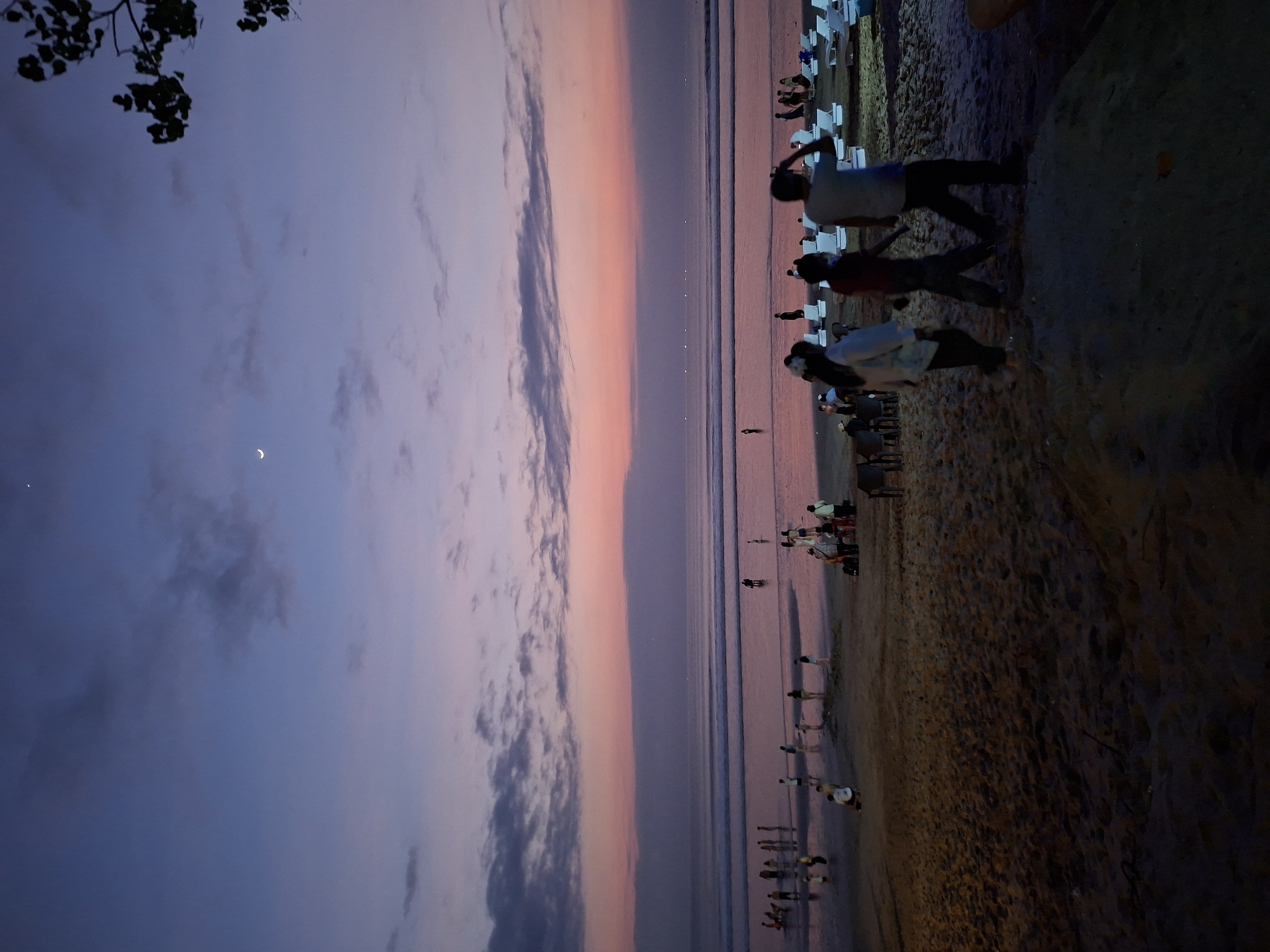 The image depicts a twilight scene at Kuta Beach, Bali, Indonesia. The sky displays a gradient of deep blue at the top transitioning to shades of purple and pink near the horizon, with a crescent moon visible in the upper left quadrant. Wispy clouds are scattered across the sky.
The foreground consists of dark, sandy beach. In the midground and background, the ocean is calm with gentle waves rolling towards the shore. The wet sand near the water reflects the ambient light.
Numerous people are present on the beach. Some are walking along the shoreline, while others are gathered in small groups. In the midground, several individuals appear to be interacting with animals, possibly oxen or water buffalo, used for recreational rides. There are also rows of white lounge chairs set up on the sand, indicating a tourist area.
The overall atmosphere is serene, capturing the end of a day at a popular tourist destination. The lighting suggests it is either dusk or pre-dawn.